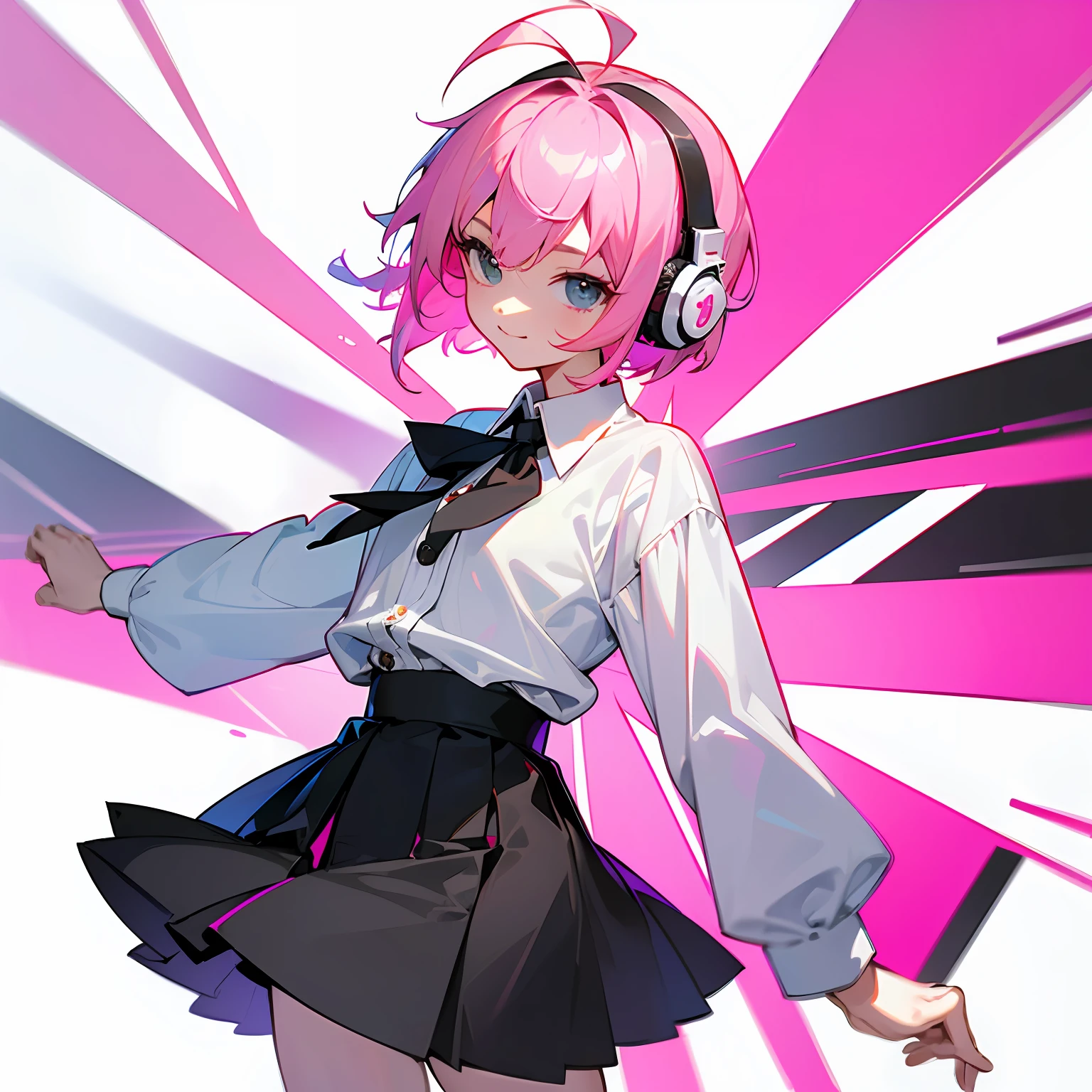 ((masterpiece、top-quality))、(独奏)、(female focus)、(Ahoge、Pink hair、short-hair)、Black eye、lightsmile、placket、(White shirt)、(buttonGap)、(Black skirt)、is standing、White background、back arms、dynamic ungle、DJ、club、band、headphones --auto