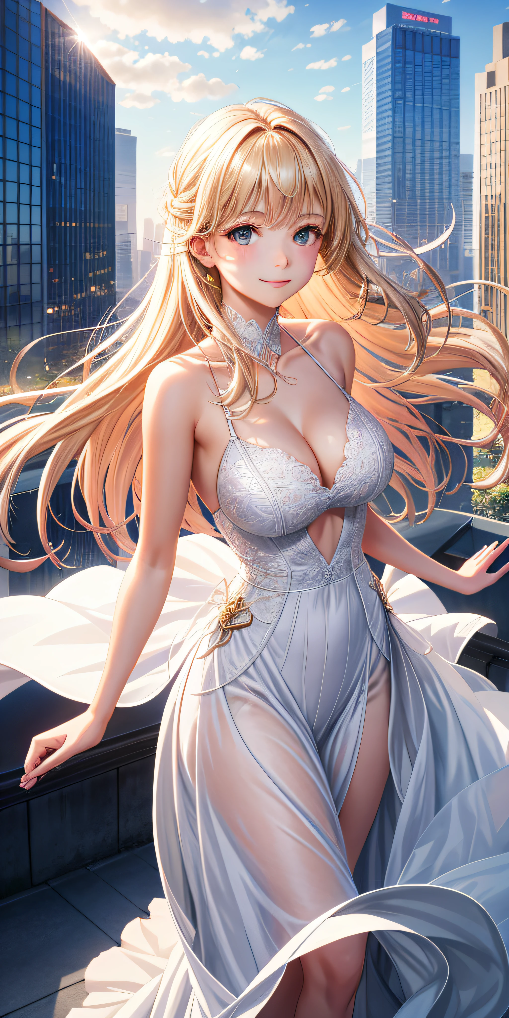 realisticlying，1Girl，Stand on a tall building，sunraise，Vivid light，Dressed in a white dress，The body floats slightly，Smile back（closeup cleavage），The background is many high-rise buildings