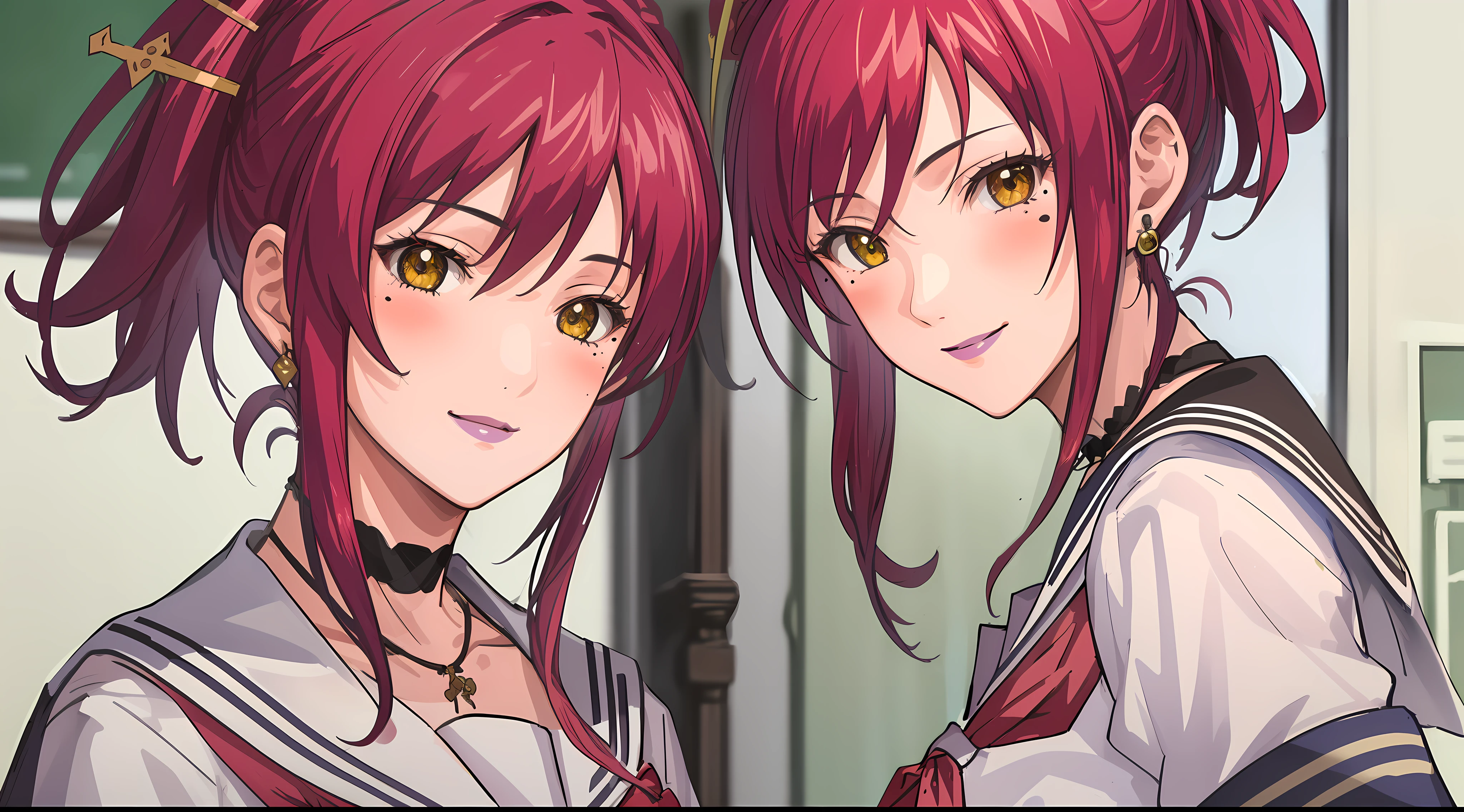 (Masterpiece, Best Quality, High Quality:1.4), professional artwork, Intricate Details, field of view, sharp focus, detailed painting, photorealistic lighting, trending on pixiv, 1girl, (vivid lighting, vibrant colors:1.05), realistic shadows, ambient occlusion,
Marie Mamiya, mature female, milf, solo, (curvy:1.1), luxury room, (half body shot:1.1), looking at viewer,
(red hair:1.05), hair ornament, lipstick, makeup, (mole under eye:0.9), choker, ultra detail hair, ultra detail face, (yellow glowing eyes:1.05), perfect eyes, perfect face, perfect retina, earrings, (seductive look, blush:1.15), happy, smile,
(school_uniform:1.4), choker, necklace, fingernails,
(Large Breasts:1.15)