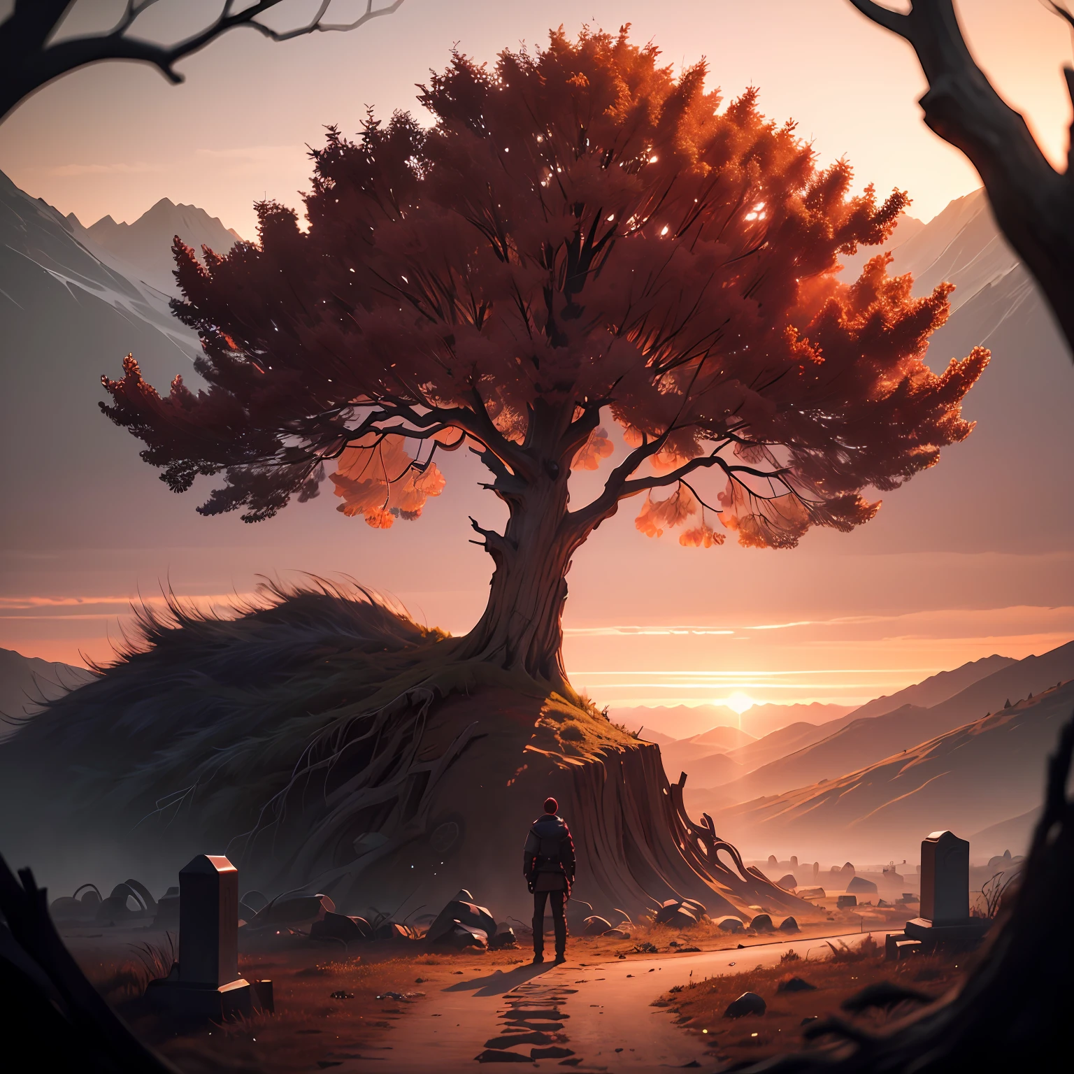(Extreme Detail CG Unity 8K Wallpapers，tmasterpiece，Highest image quality)，(Delicate light and shadow，The picture is highly dramatic，Cinematic lens effect)Dark red sky，There are many cracks，On the left there is a weird dead tree，There is a grave on the right，A man kneels on the ground，Medieval armor --auto
