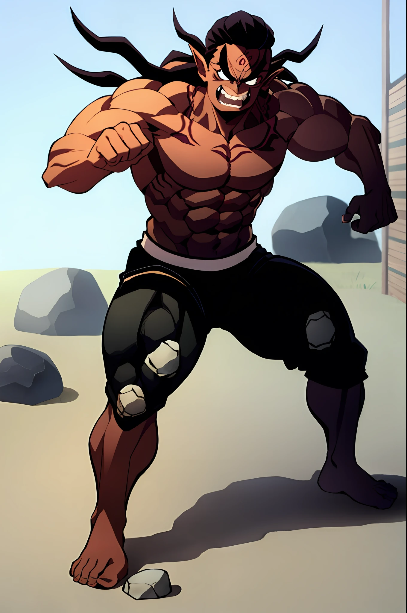 A oni, with veins in his forehead, black man, with rocks on his body, strong and though figure