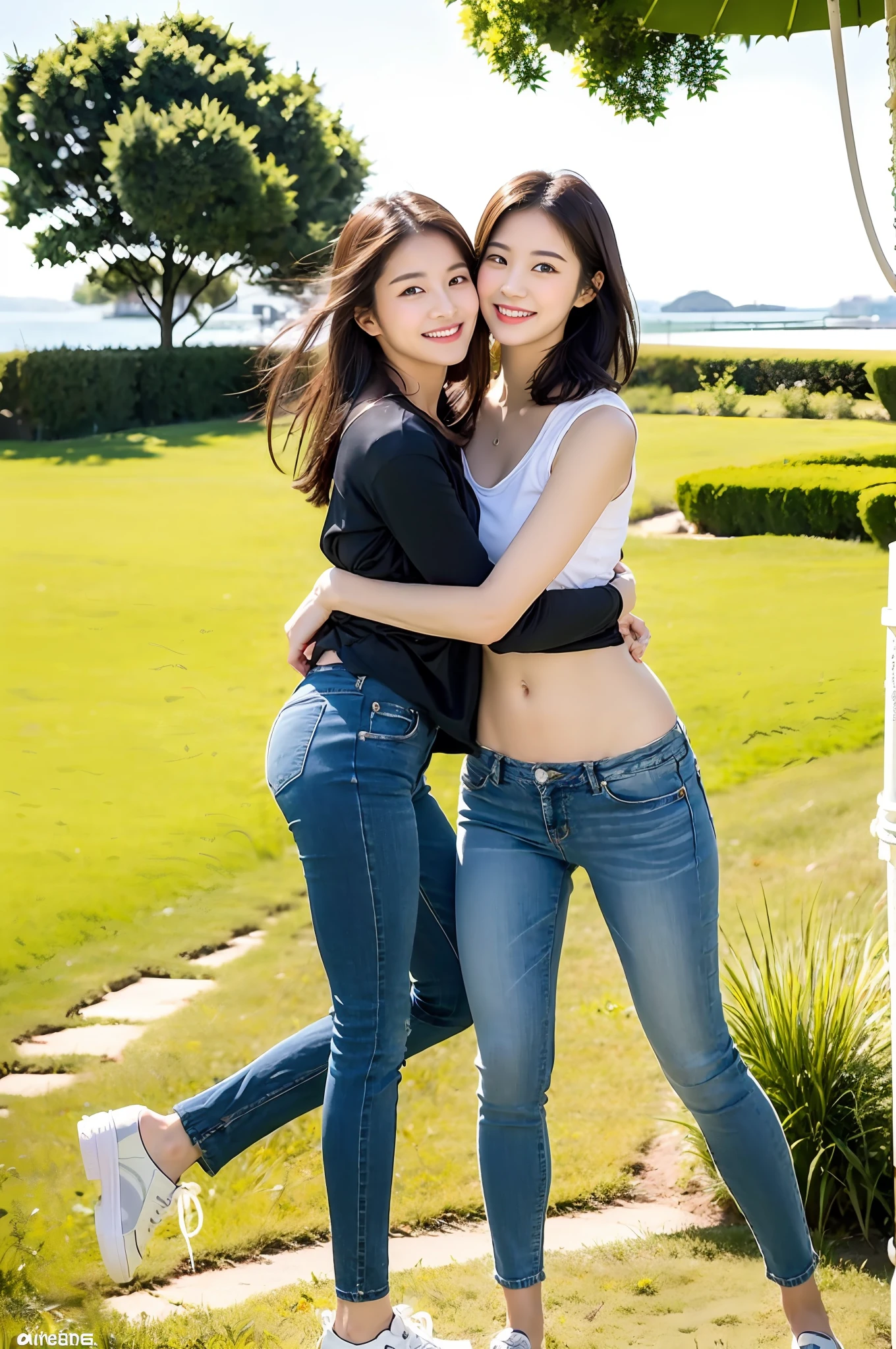 （RAW photogr，超高分辨率，tmasterpiece，best qualtiy：1.4），Complicated details，2 20 year old Korean girl，Wear a loose black T-shirt and skinny jeans，Stand on the grass and take pictures，hugs，Intimate relationships，Detailed meadow，A sweet smile on a small face，The face and skin are pink and fair，Ultra-realistic facial details，Playful and coquettish pose，The calves are straight and slender:1.5，Wear high-end branded colorful travel shoes:1.5，eventide，warm color，Broad lighting，naturalshadow，taking a full body photo:1.8