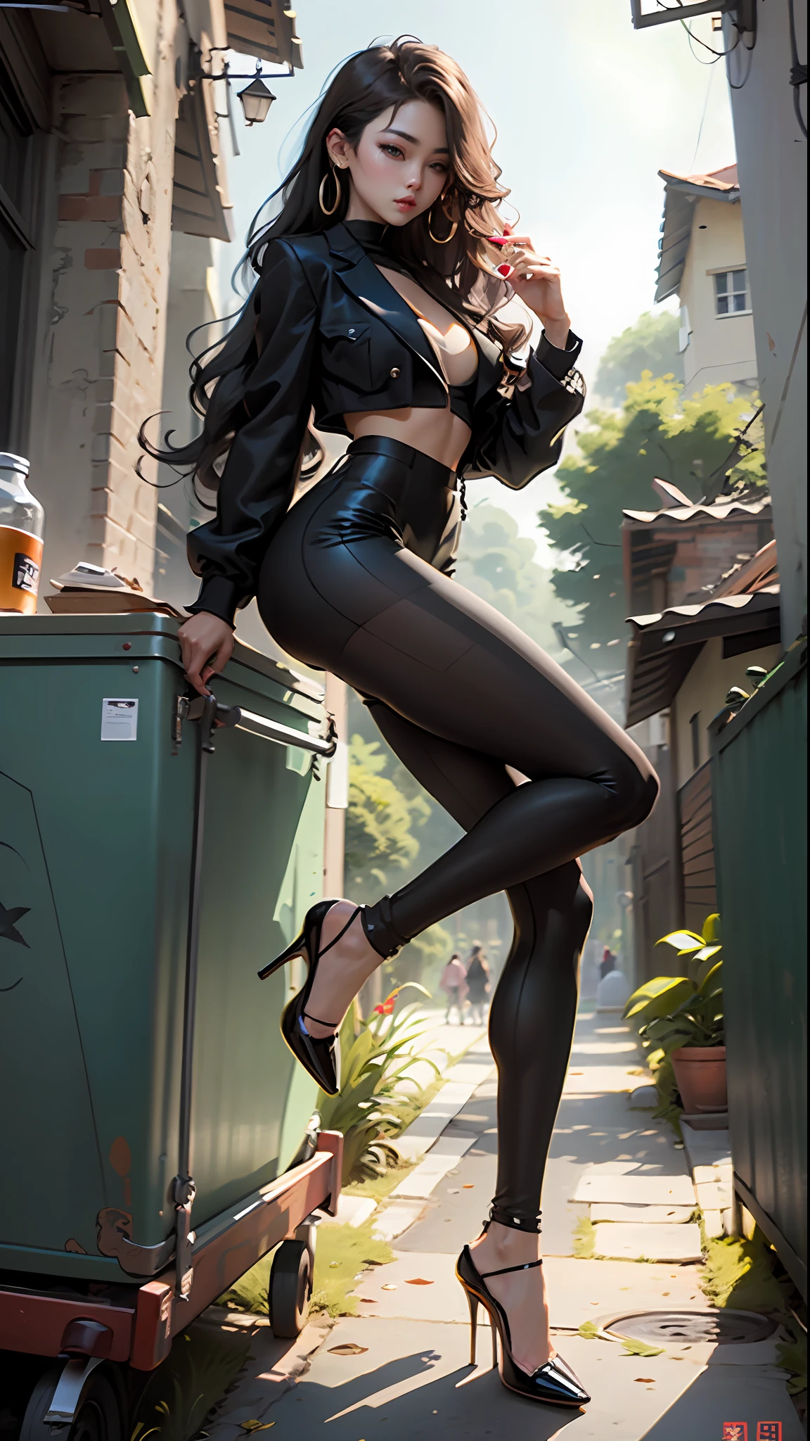 the best quality masterpiece，Woman with long hair，black pantyhoses，Wear a tight all-black suit，Look at black high heels，park environment