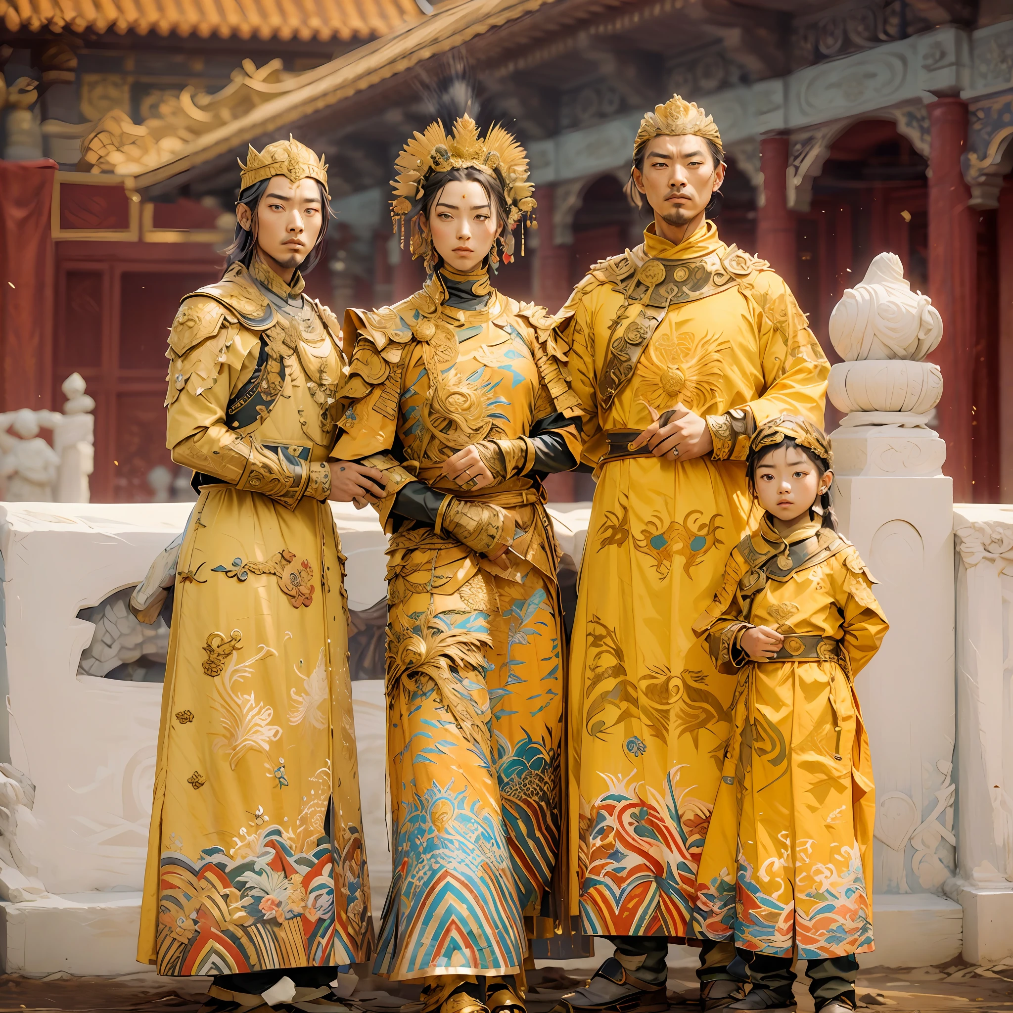 A man in a golden dragon robe,the emperor,A woman in a phoenix robe,Empress,Two boy sons,Wearing two royal robes,Family of 4,Four people,looks into camera,((tmasterpiece))), (((best qualtiy))), ((ultra - detailed)), (Ultra photo realsisim), (highly detailed CGillustration), Movie light, realisticlying, Extremely beautiful man, Complex and detailed,