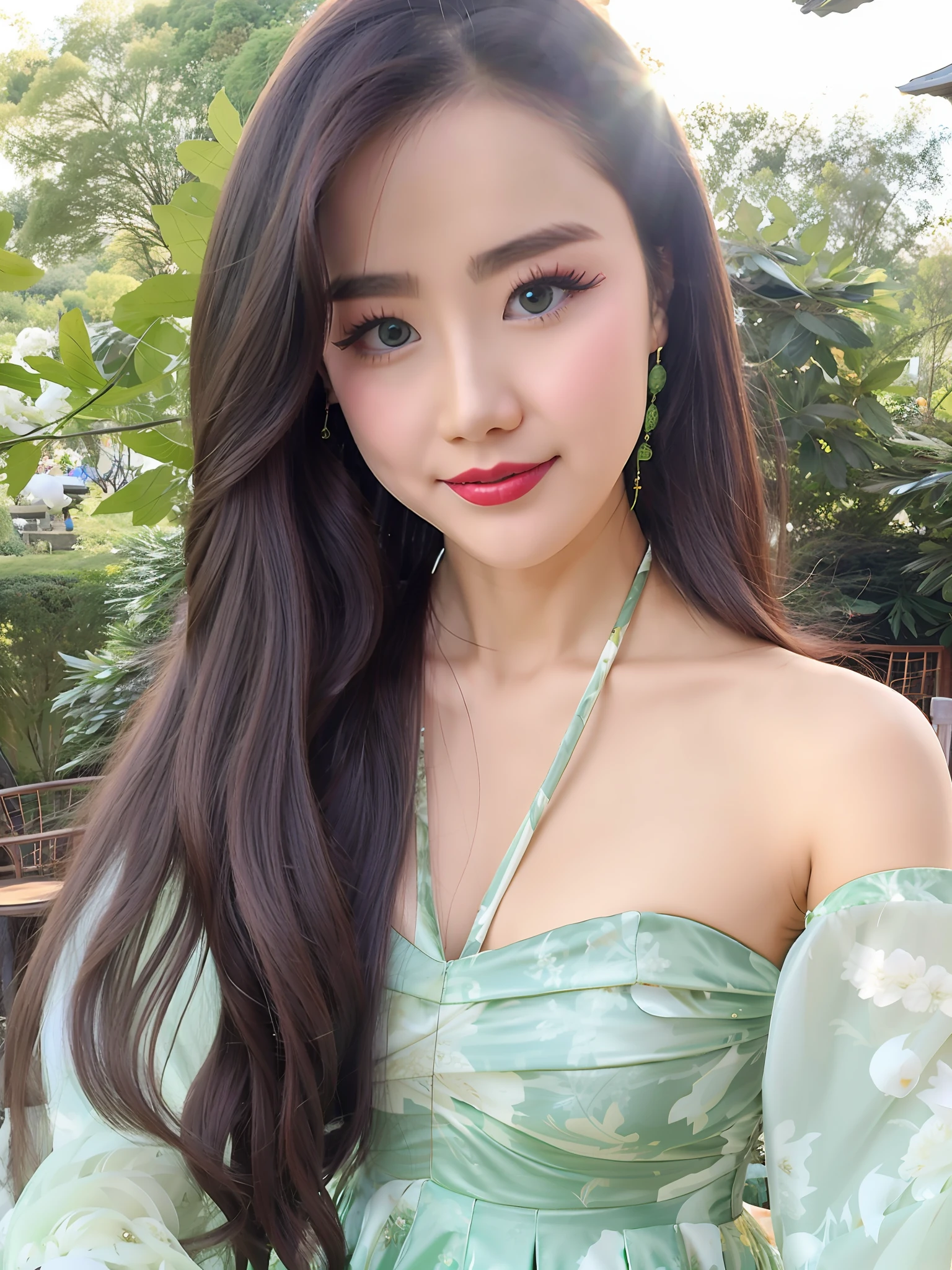 Long-haired Alawi woman wearing green dress and earrings, xintong chen, dilraba dilmurat, Chinese girl, 2 , wenfei ye, 2 7 years old old, xision wu old, Beautiful Asian girl old, 21 years old, Li Zixin