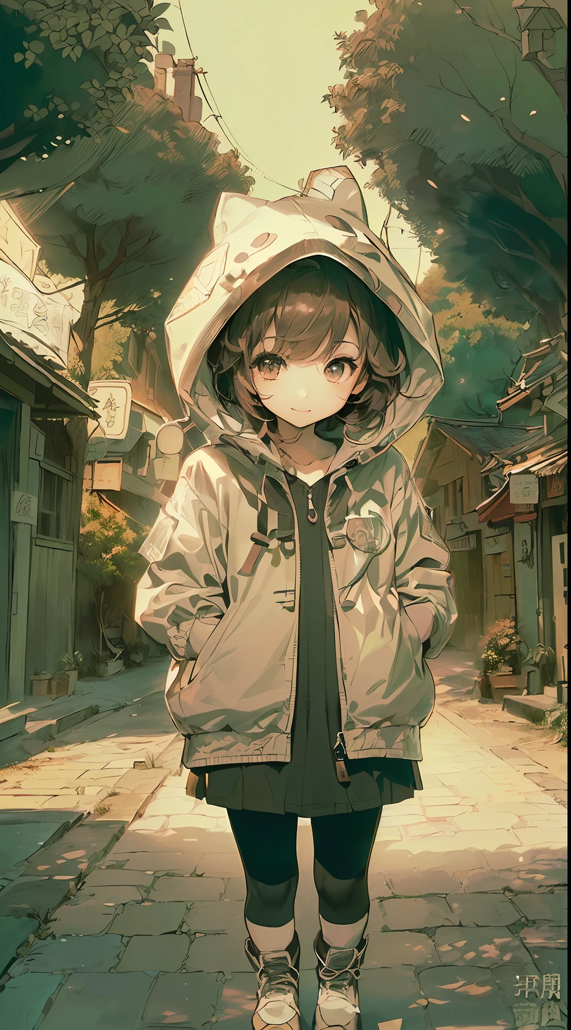 「(8k wallpaper:1.5)、(high-level image quality:1.3)、(animesque, illustratio:1.5)、(girl with、cute little:1.5)、(beatiful detailed eyes:1.3)、(A slight smil:1.1)、(jaket、hoods:1.5)、(tree-lined street:1.3)、(sepia, gradients:1.5)」