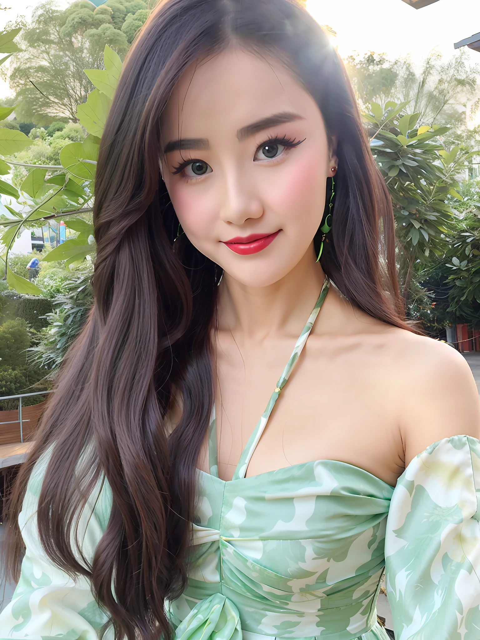 Long-haired Alawi woman wearing green dress and earrings, xintong chen, dilraba dilmurat, Chinese girl, 2 8 years old, wenfei ye, 2 7 years old, 2 2 years old, xision wu, 2 3 years old, Beautiful Asian girl, 2 9 years old, 21 years old, Li Zixin
