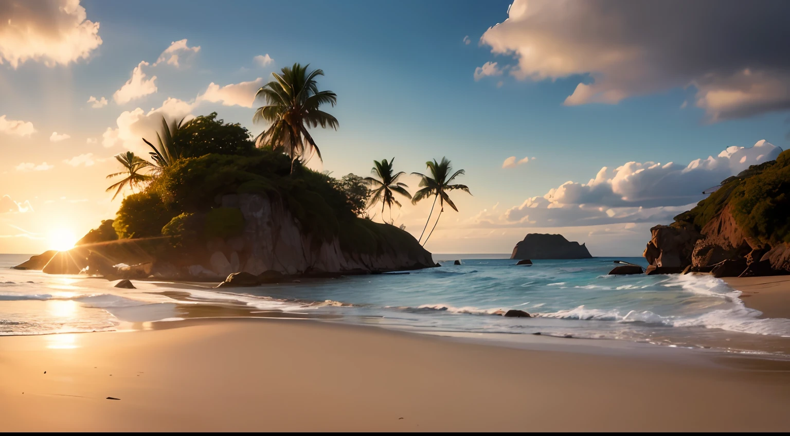 Wallpaper foto realista 8k, island paradise, areia branca, coqueiros gaivotas, mar calmo sem ondas fortes, sol no horizonte, dia iluminado luz do dia.