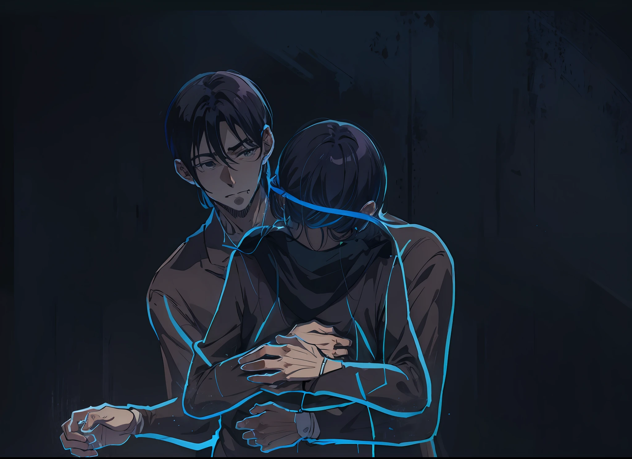 Anime style、A man with a good face is hugging a man with a good face from behind