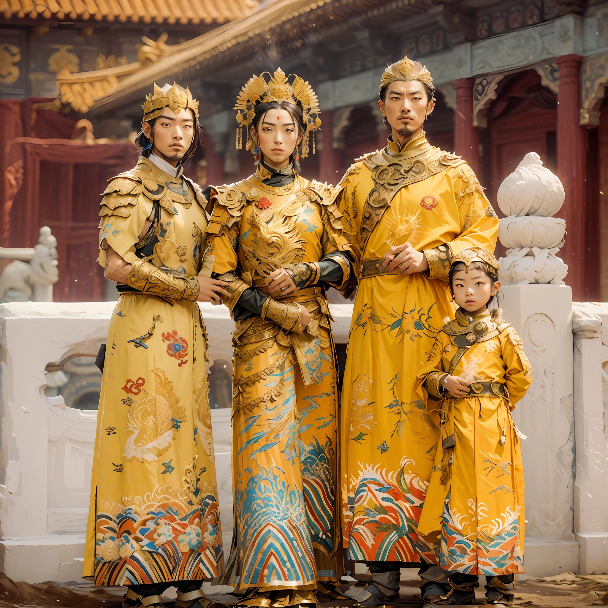 A man in a golden dragon robe,the emperor,A woman in a phoenix robe,Empress,Two boy sons,Wearing two royal robes,Family of 4,Four people,looks into camera,((tmasterpiece))), (((best qualtiy))), ((ultra - detailed)), (Ultra photo realsisim), (highly detailed CGillustration), Movie light, realisticlying, Extremely beautiful man, Complex and detailed,