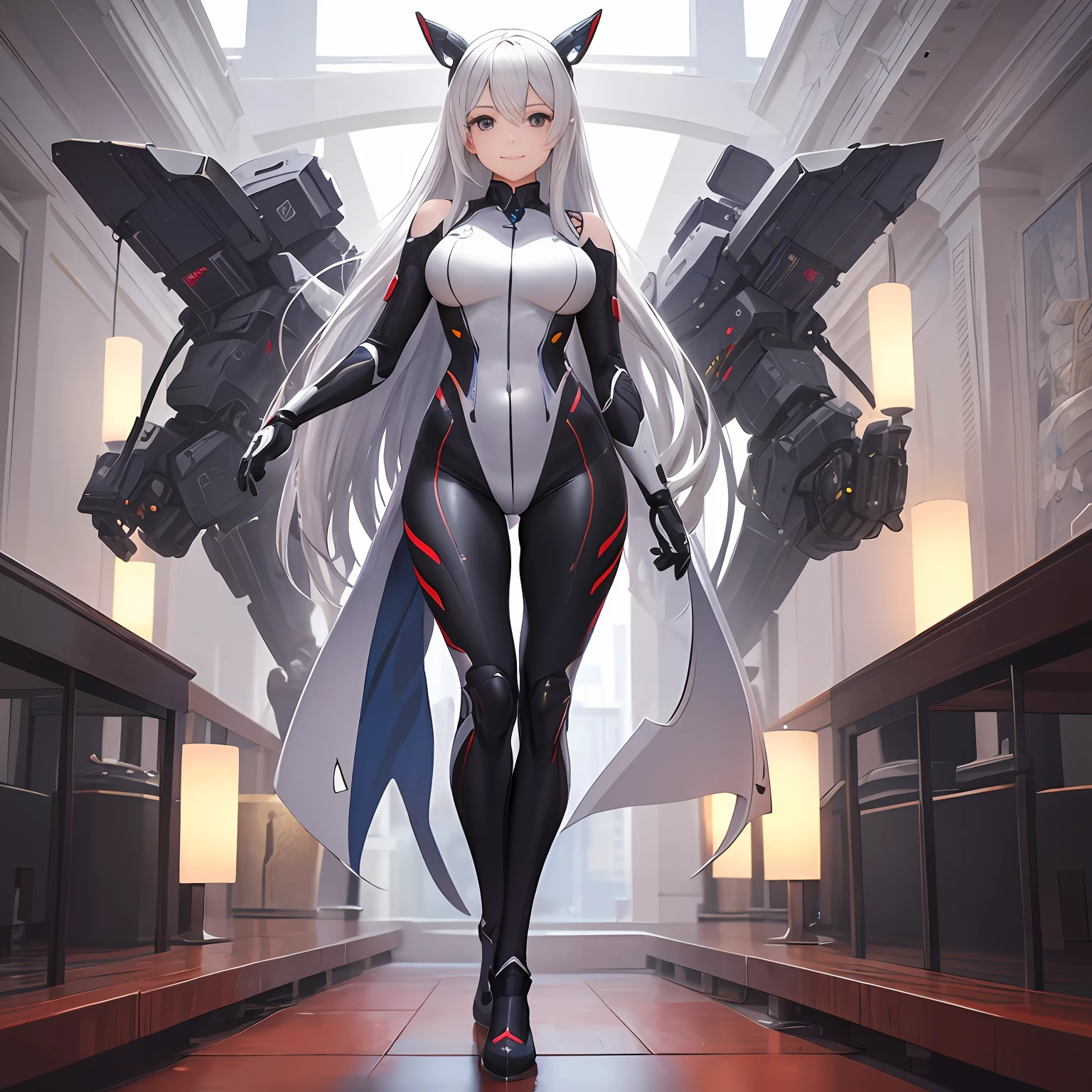 best qualtiy、tmasterpiece、超高分辨率,verism style,cold light,Realistic lighting,RAW photogr,1girll,facing at the camera,Long white hair smiling,delicated face,The body is curvy,Perfect anatomical physique,Full body photo,detail-rich,standing on your feet,tightsuit,Magic mech,high high quality,Hands are naturally open,Beautiful posture,Magic Tech Mecha Moto。 --auto