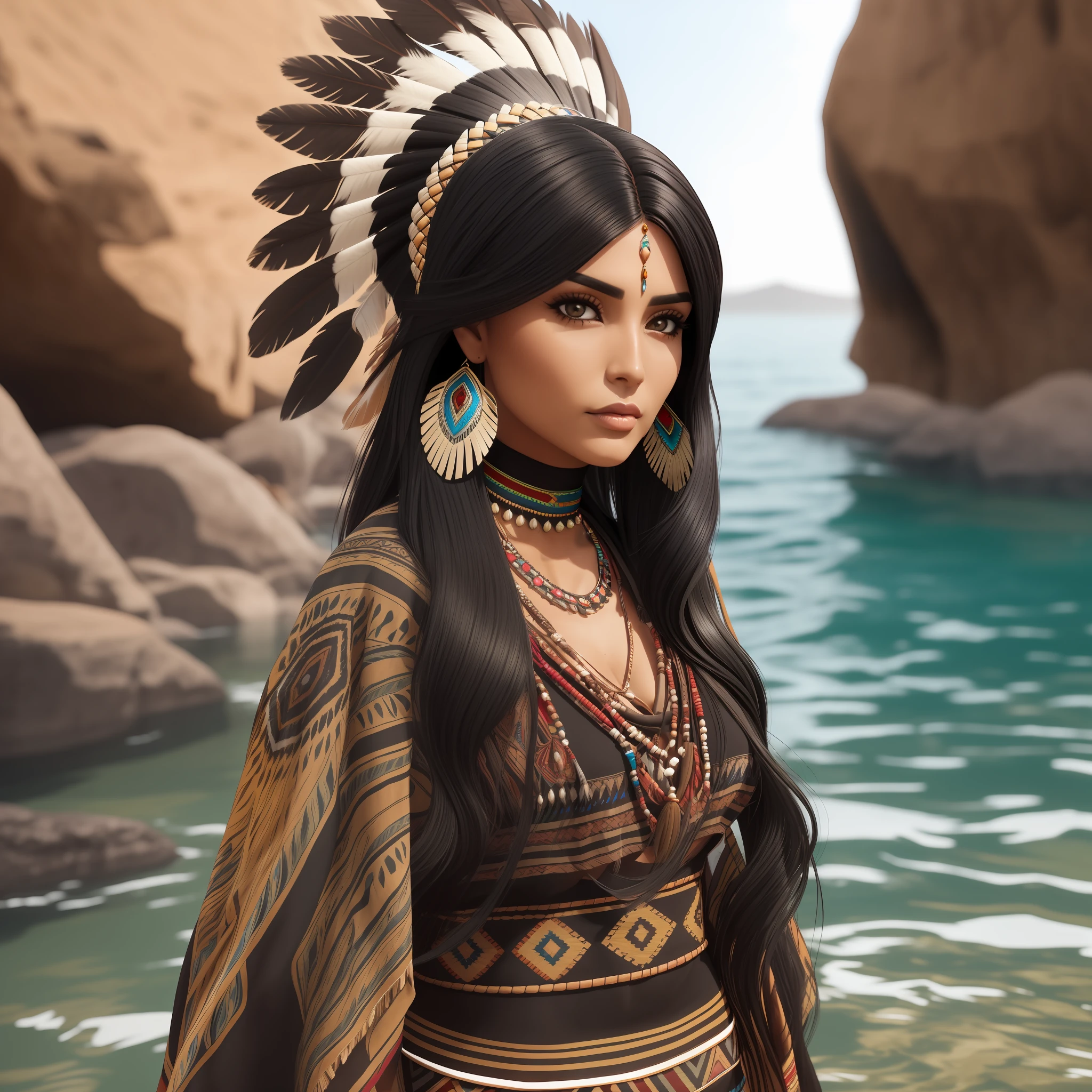 a woman with long black hair standing in front of a body of water, loba andrade from apex legends, pocahontas, indigenous, native american, looks like ebru sahin, still from a music video, beautiful tan mexican woman, tanned beauty portrait, aboriginal, indian, wearing a native american choker, wearing desert poncho, indian goddess