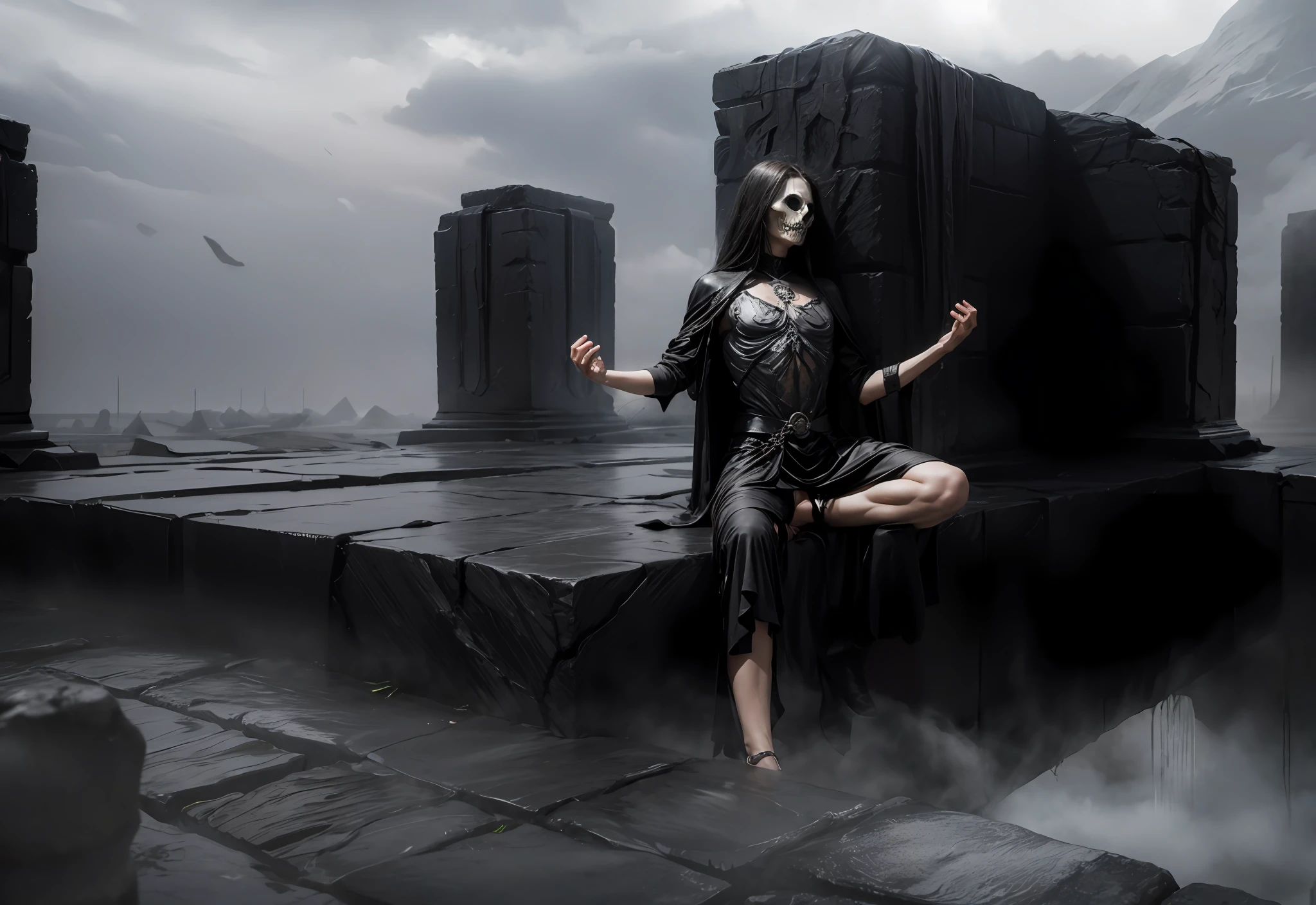 Dystopian cityscape,Zdzisław Beksiński style,Pluto surface,dark fog,Huge black stone pillars,Runes on stone pillars,crack,Elevation perspective,low angles,Low camera,45 degree angle,wide angles,A high resolution,ultra - detailed,textures true to reality,Bold textures,Crazy textures,Ultra-wide angle, From above,Dark messenger of cultivation,skeleton head,femele,Ferrous metal body,Black metal limbs,High resolution for bone grinding,ultra - detailed,textures true to reality,Bold textures,Crazy textures,fog atmosphere