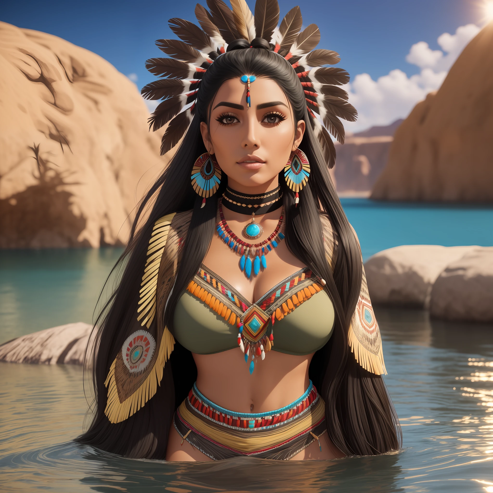 a woman with long black hair standing in front of a body of water, loba andrade from apex legends, pocahontas, indigenous, native american, looks like ebru sahin, still from a music video, beautiful tan mexican woman, tanned beauty portrait, aboriginal, indian, wearing a native american choker, wearing desert poncho, indian goddess