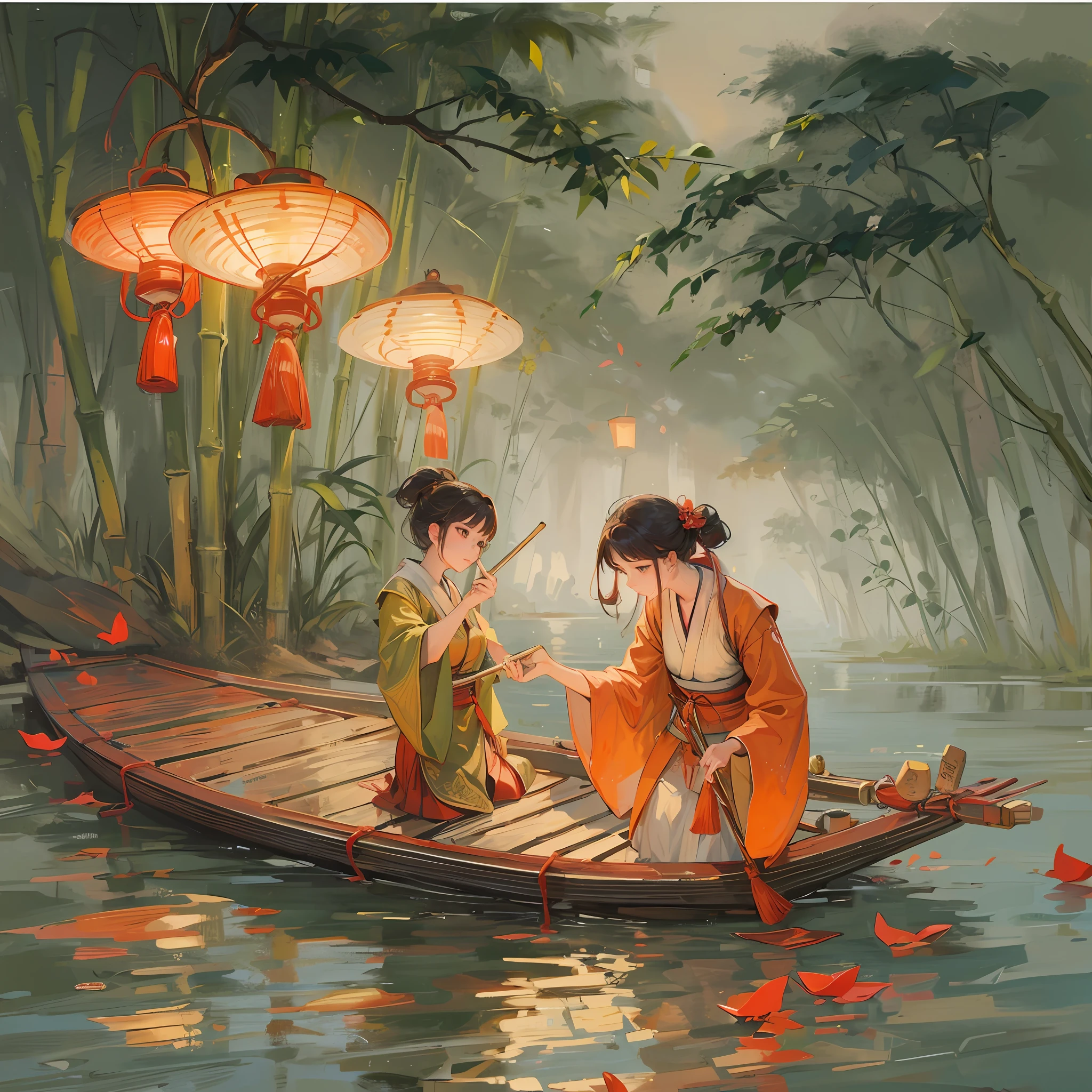 On the river,The boatman lit his lantern,The bamboo raft on the raft reflects the red light,A woman dressed in Han costume stands on a bamboo raft and plays a flute,Moonlight and lights illuminate the river。