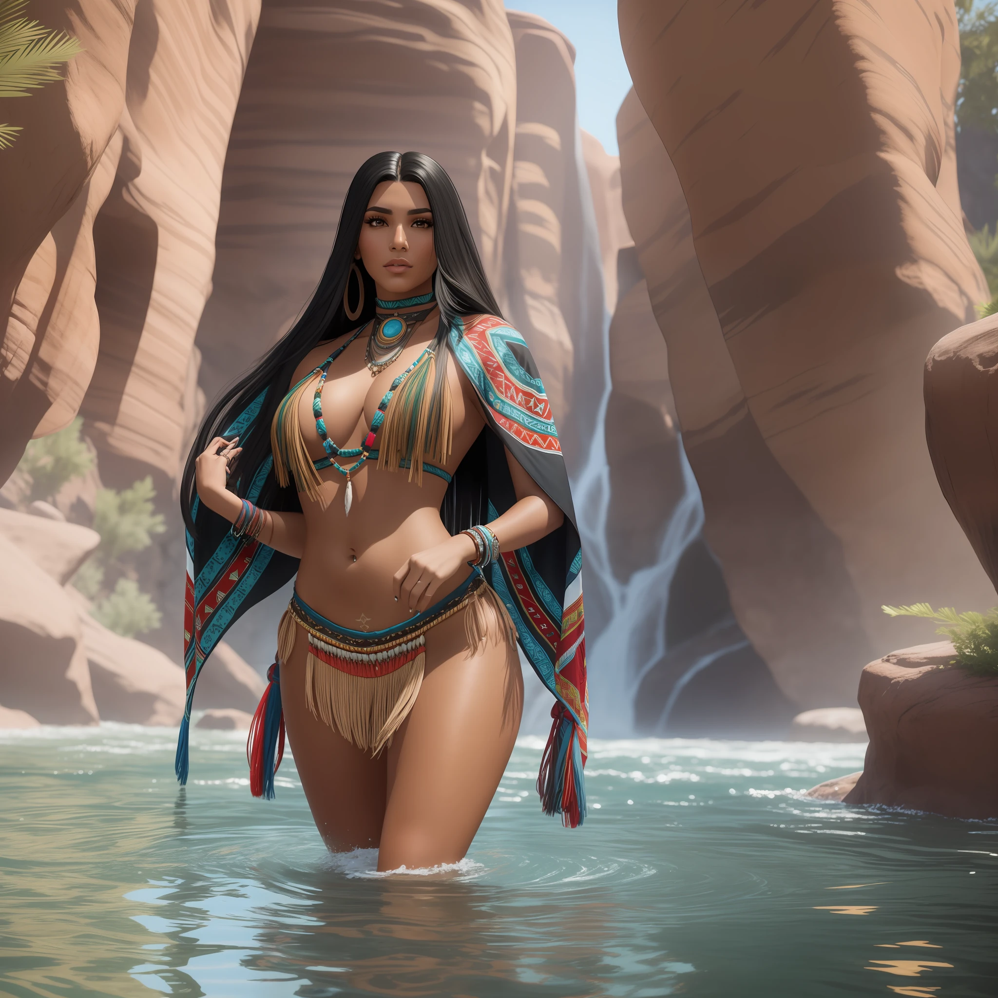 a woman with long black hair standing in front of a body of water, loba andrade from apex legends, pocahontas, indigenous, native american, looks like ebru sahin, still from a music video, beautiful tan mexican woman, tanned beauty portrait, aboriginal, indian, wearing a native american choker, wearing desert poncho, indian goddess
