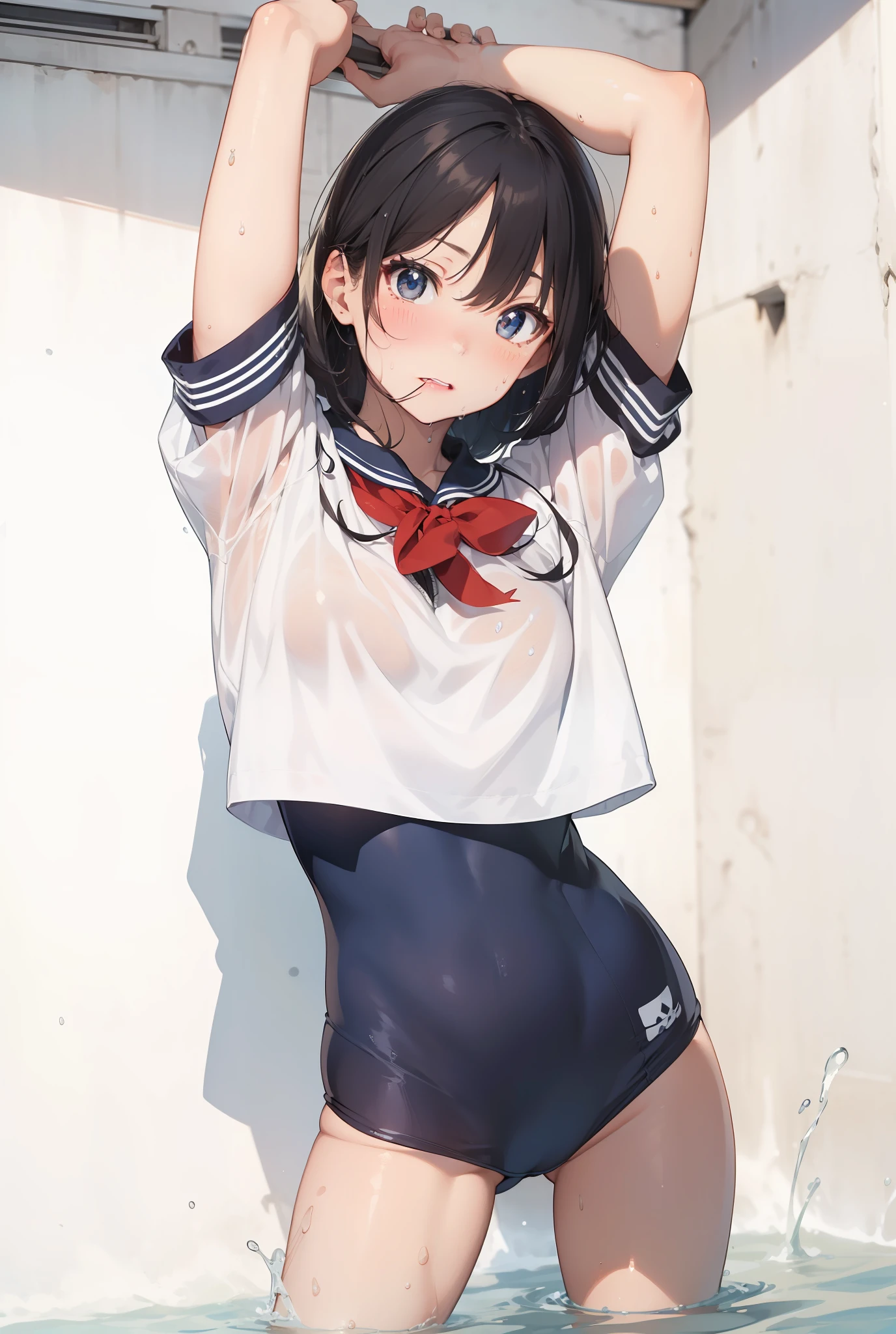 ((top-quality))、((masterpiece))、1girl in、Formal-up、beautiful detailed eyes and face、pretty skin、a very cute、22year old、School swim wear(darkblue、Simple design、Matte texture、Wrinkle、Polyester material、Nero、shadings、)Wet body、Anime Face、Beautie、Facing the front、big eye(Beautiful fece、Anime Face、Clear eyes、Fine details、Beautiful eyes)Well-formed face(Beautiful nasal muscles、Perplexed、sharp mouth)full of sweat、sodden、Wet feeling、Background with(sunny sky、takeout)、8K picture quality、perfectly proportions、A slender、red blush、female focus on, hair adornments,length hair, Look at viewers,