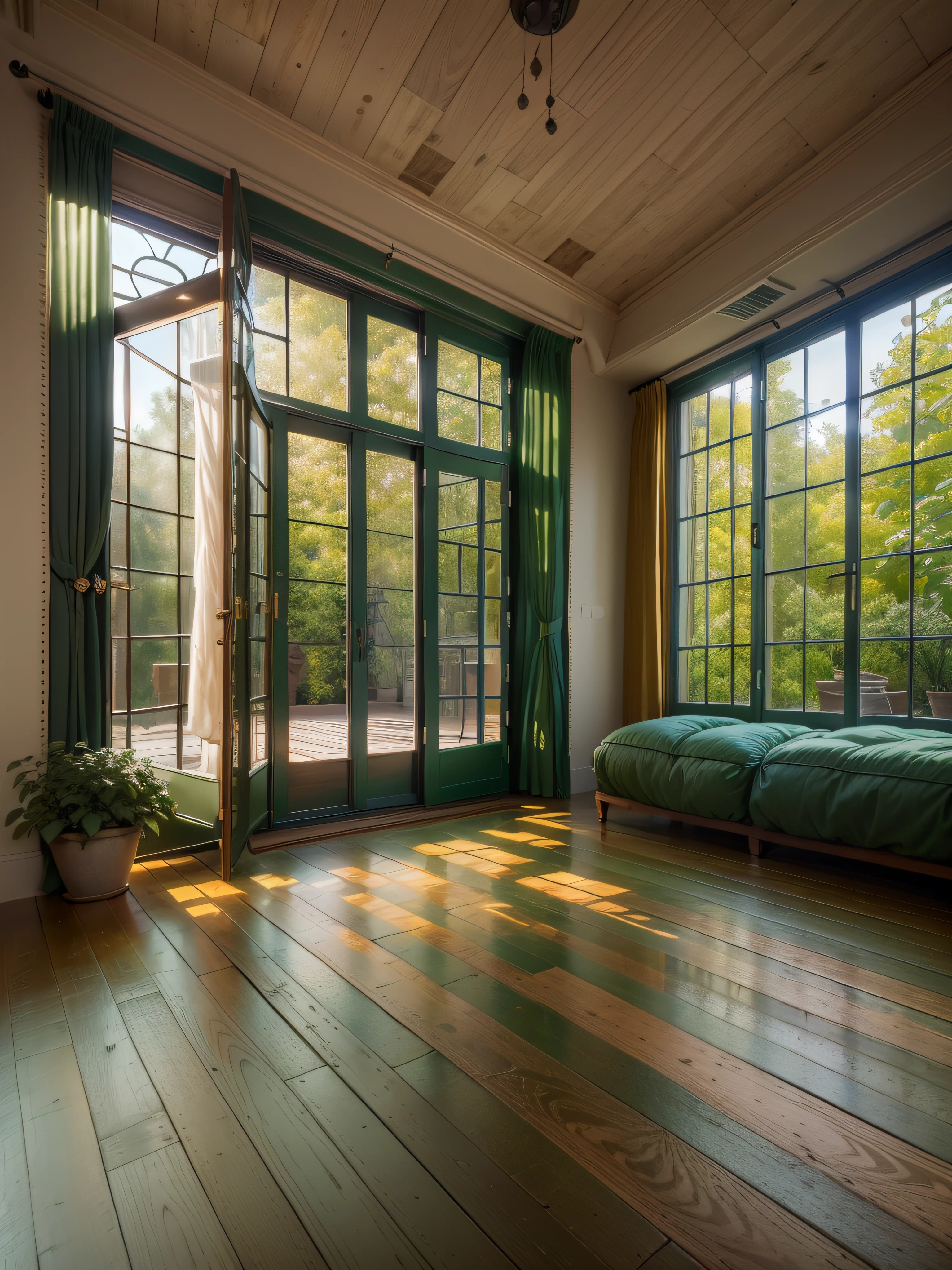 high resolution photography interior design, wooden floor, small windows opening onto the garden, low ceilings, dark green amber palette, interior design magazine, cozy atmosphere