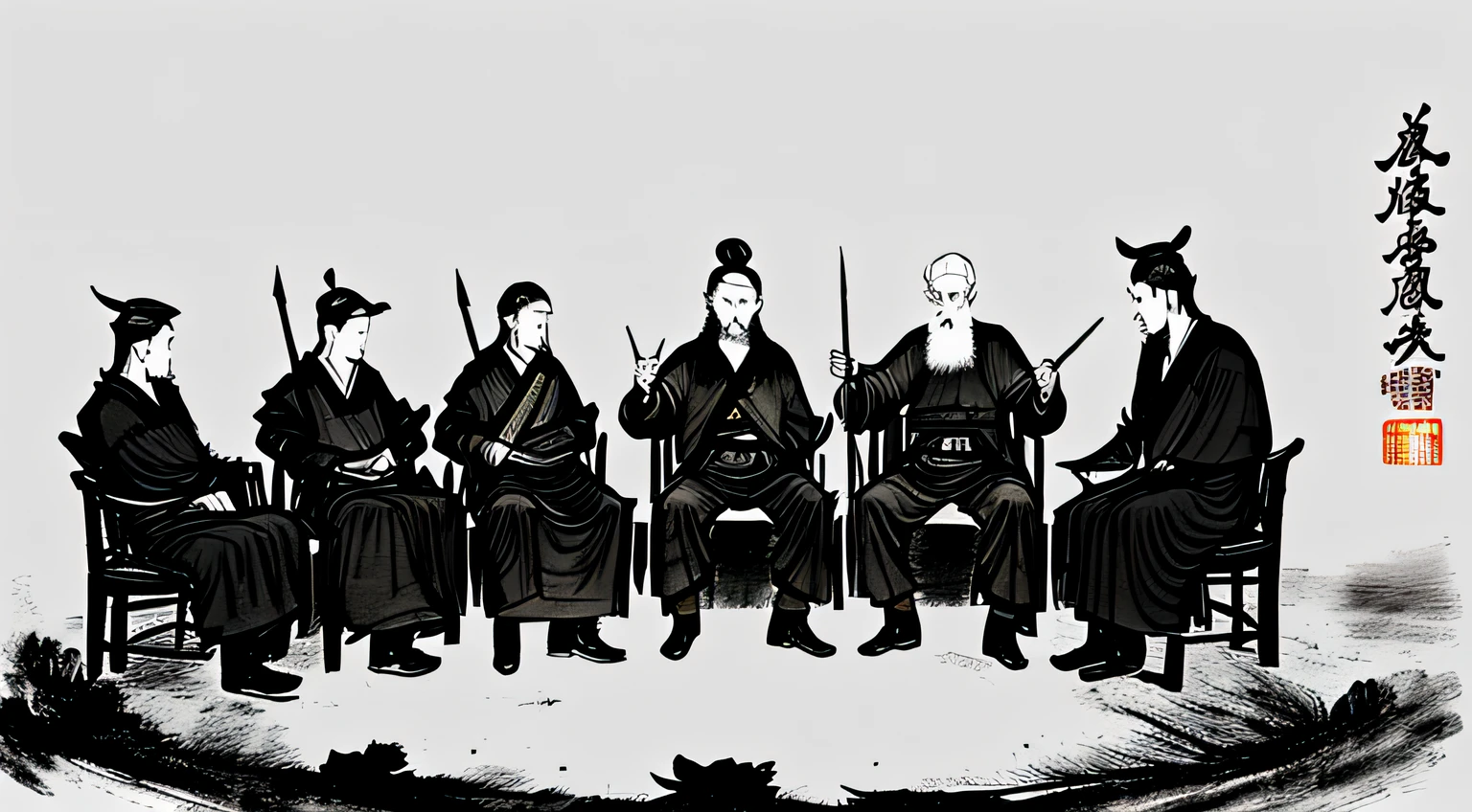 Please draw a black and white picture，The whole is in the ink painting style。An old man sat cross-legged in the middle，Five young men sat cross-legged around。The old man spoke，The young men listened intently。All the staff carried swords，All staff are dressed in ancient Chinese costumes，The hairstyle is an ancient Chinese hair strand。 --auto