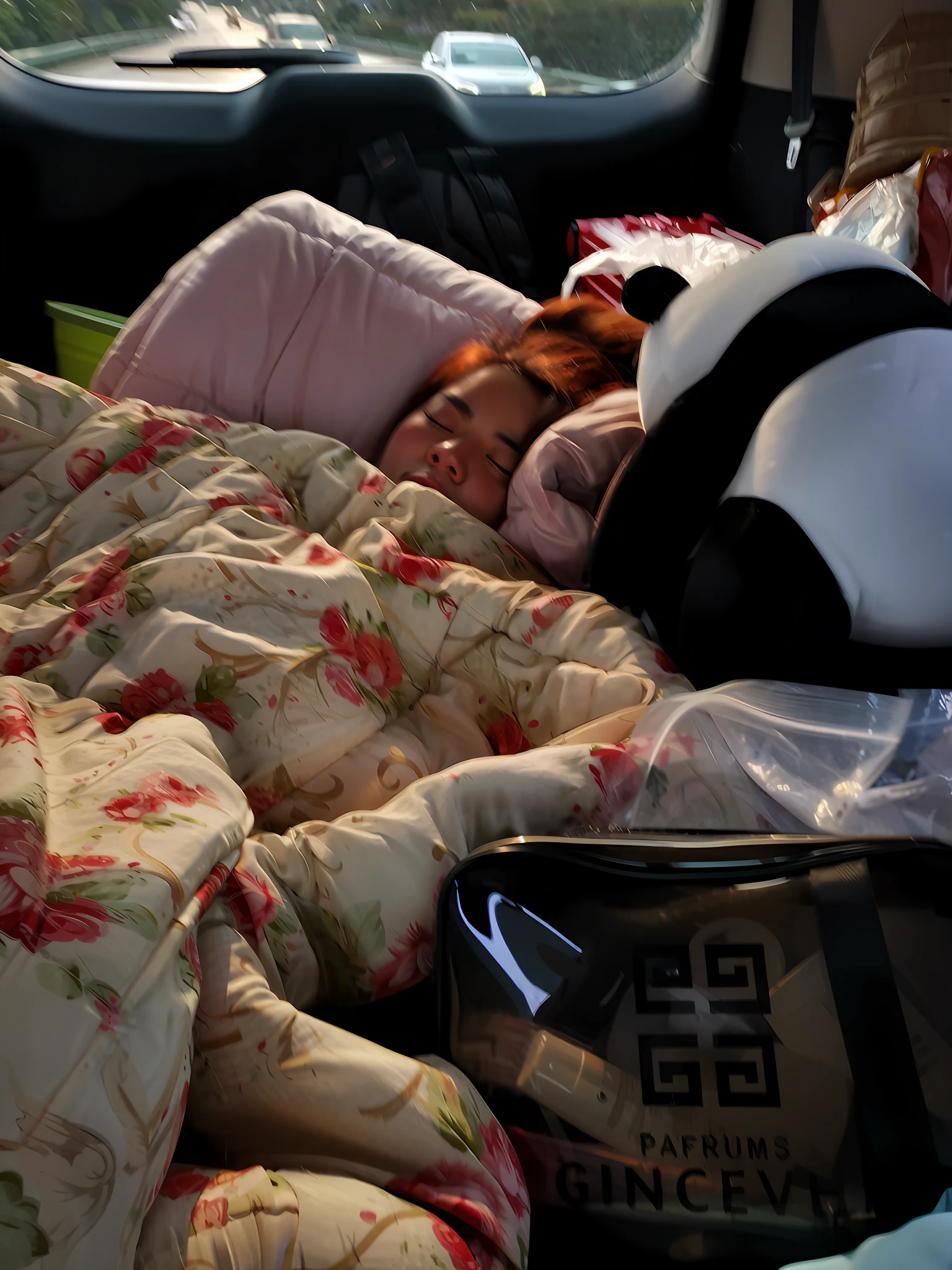There was a woman sleeping in a car with a panda, messy bed, taken with a Sony A7R camera, narrow, passed out, goodnight, in the bedroom at a sleepover, Lie down in bed, Sleeping, Sleepy, morning hard light, 3am, 3 am, hard morning light, sleeping princess!!!!, Panda, captured with sony a3 camera