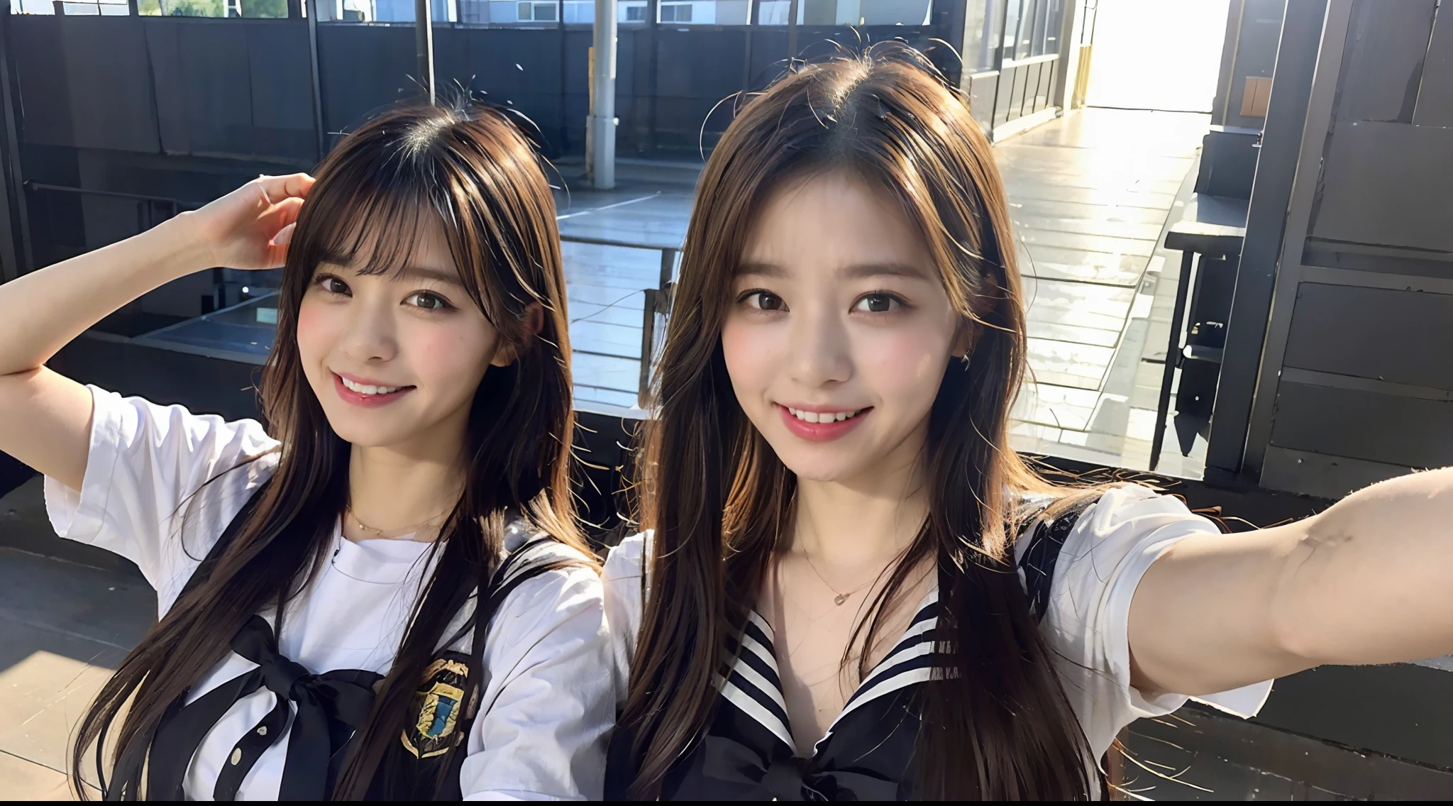 (8K、Raw photography、top-quality、masterpiece:1.2)、ultra-detailliert、ultra res、(hyper realisitic:1.4)、(Sexy waist)From above、Camera from above、Camera angle from above、I'm looking at this with upward eyes、Arms outstretched、arms spread wide、High-quality images taken with a camera from above、Above the sea、、Offshore Girl(Fantastic lighting)head to waist、sexy pose、Very embarrassing、Erotic Poses、A sexy、Raw feet、odious waist、de pele branca、Fair-skinned female proofreading、An ultra-high picture quality、、Beautiful female proofreading reflecting in light、amazing detailed、Beautiful girls in very detailed、Faces with different patterns、Different face patterns、Each hairstyle has its own characteristics、Farbe々Hairstyle、Farbe々Hair color shining with clean light、I enjoy fishing on a boat、Brown hair shining in the light、One has a ponytail、、Modern cute high school girl、very detailed faces very detailed eyes、Very realistic skin、 extremely detailed fingers, highly detailed nose, highly detail mouth, perfect anatomia, Highly detailed sailor suit、、The details of their hair and uniforms shine through、Burning teeth and smiling、Realistic body, de pele branca, glistning skin, Slim body, Long straight hair, (Blunt bangs:1.2), , nixeu and sakimichan, TWICE, Seifuku, sakimichan, JK Uniform, wearing japanese school uniform, promo still, Larisa Manobal, Japan school uniform, japanese girl school uniform, alena aenami and lilia alvarado