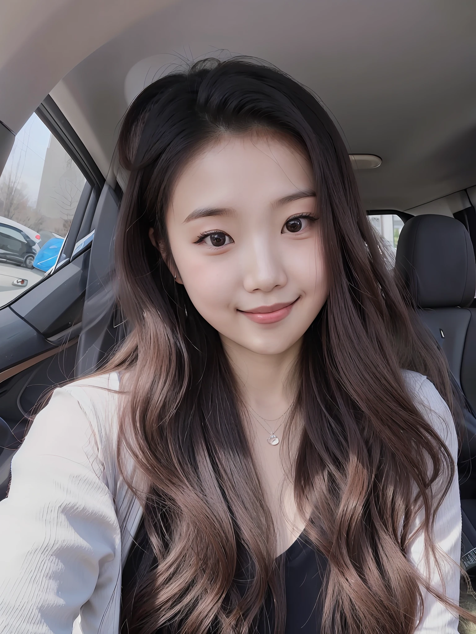 The long-haired Arapefi woman smiles and sits in the car, xintong chen, young cute wan asian face, 2 7 years old, A young Asian woman, 2 8 years old, Asian girl with long hair, 30 year-old woman, 3 0 years old woman, xision wu, 2 9 years old, chengyou liu, headshot profile picture