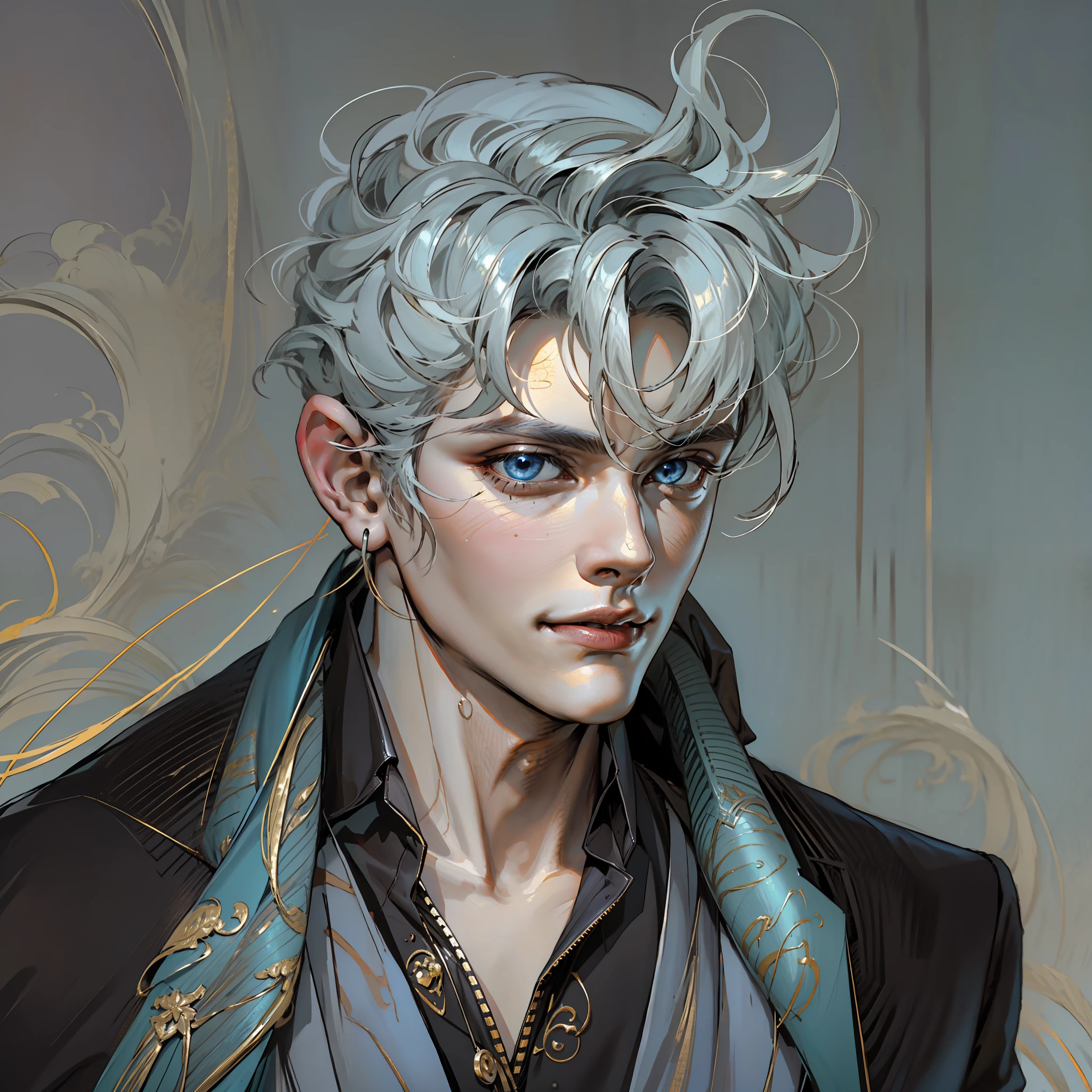 fashion forward,Black slim suit,His silver hairstyle was sometimes combed into neatly short hair,He has bright and shining sea-blue eyes