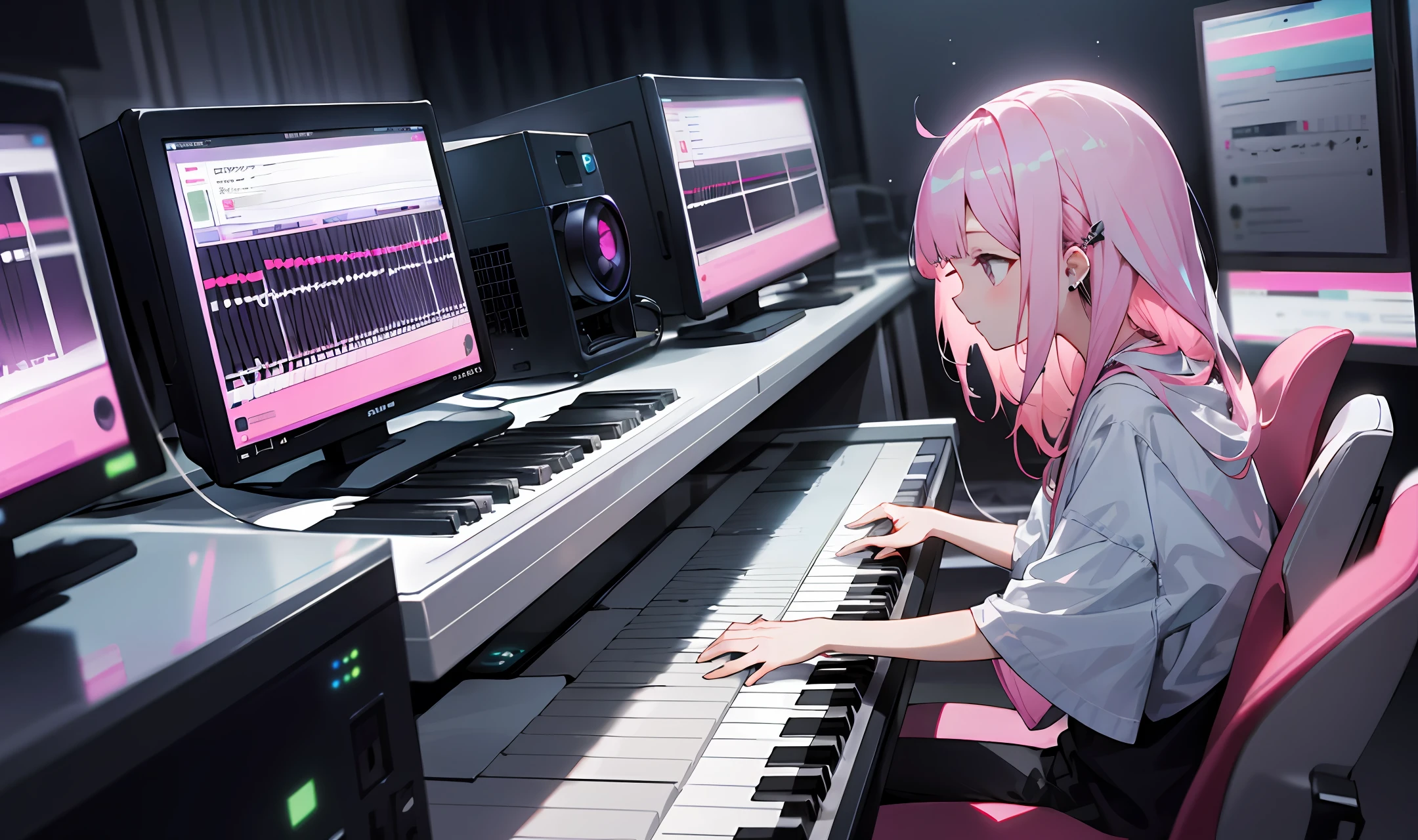Composing music、girl with、personal computers、Half white and half pink hair