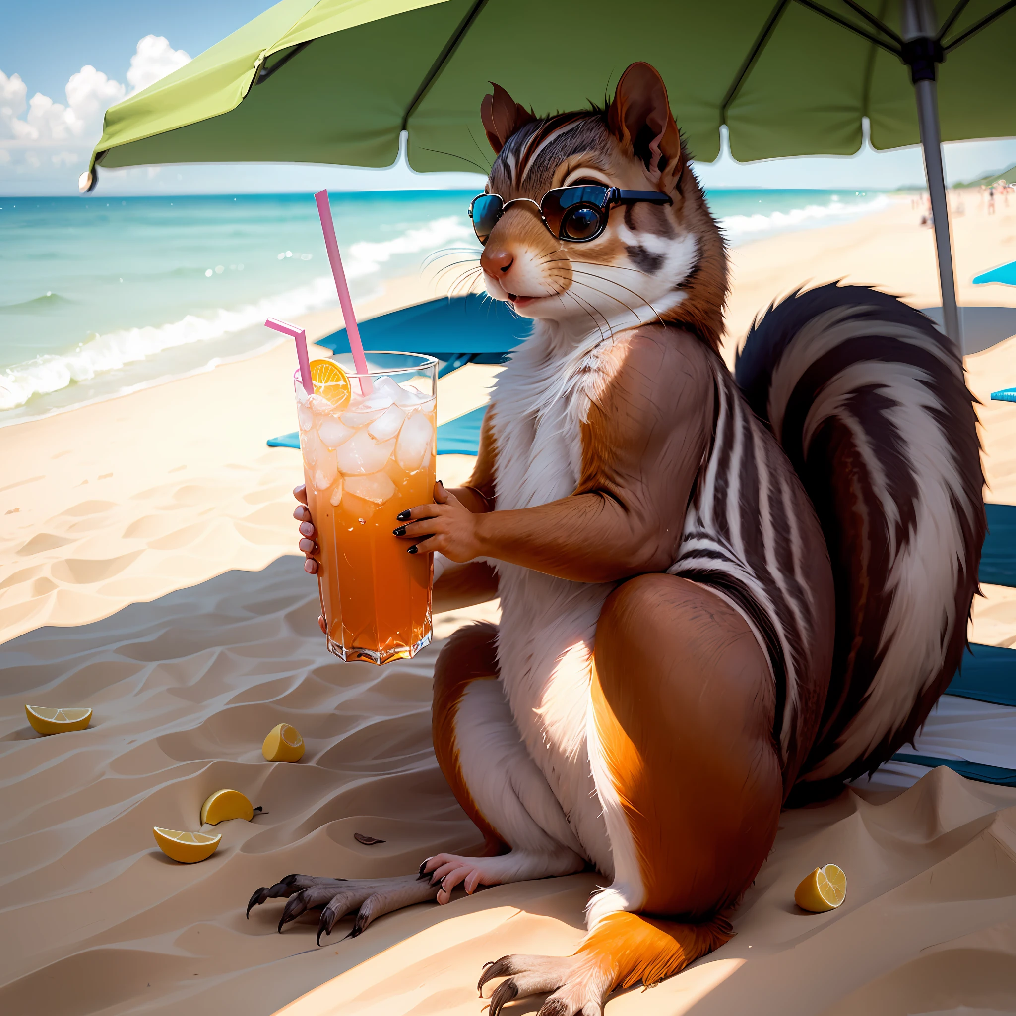 Cute little squirrel lying on the beach by the sea，Afraid of sunglasses，Still holding a drink in his hand。 --auto