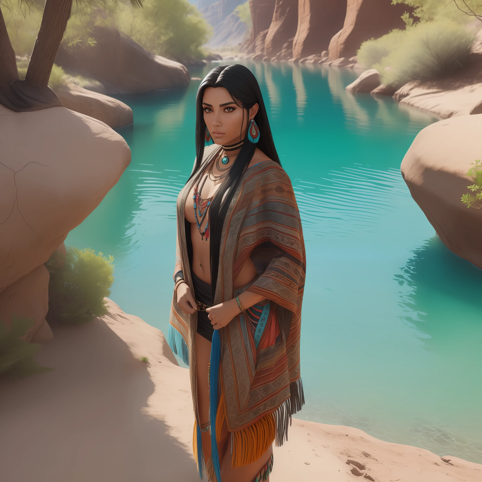 a woman with long black hair standing in front of a body of water, loba andrade from apex legends, pocahontas, indigenous, native american, looks like ebru sahin, still from a music video, beautiful tan mexican woman, tanned beauty portrait, aboriginal, indian, wearing a native american choker, wearing desert poncho, indian goddess