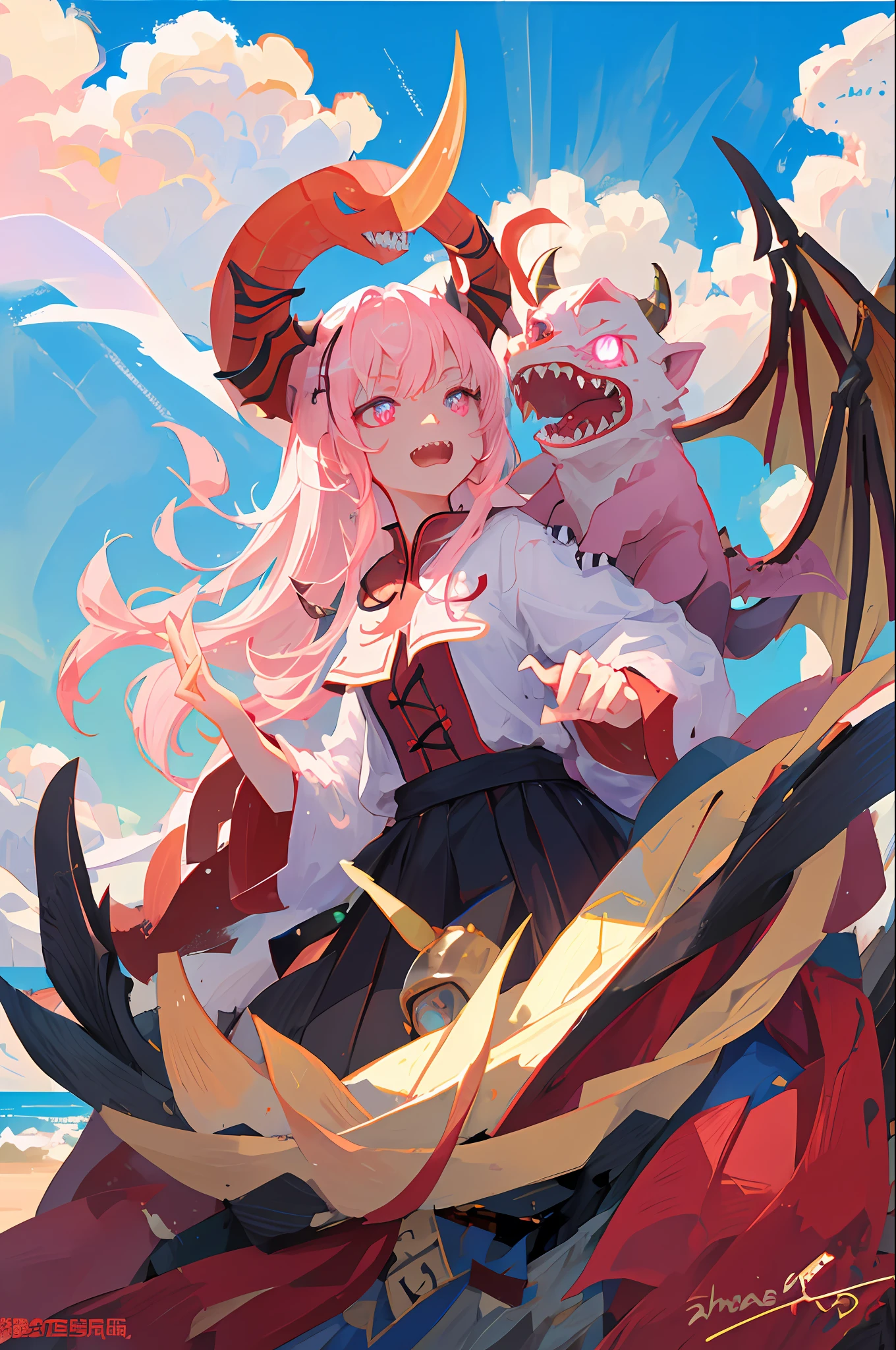 Top quality, Masterpiece, 超高分辨率, (Long: 1.2), Pink Dragon, sky, Outdoor, Clouds, Sun, Mountain, Open mouth, Blue sky, teeth, scales, Sharp teeth, Horns, Shine, poison fangs, tree, Glowing eyes, landscape