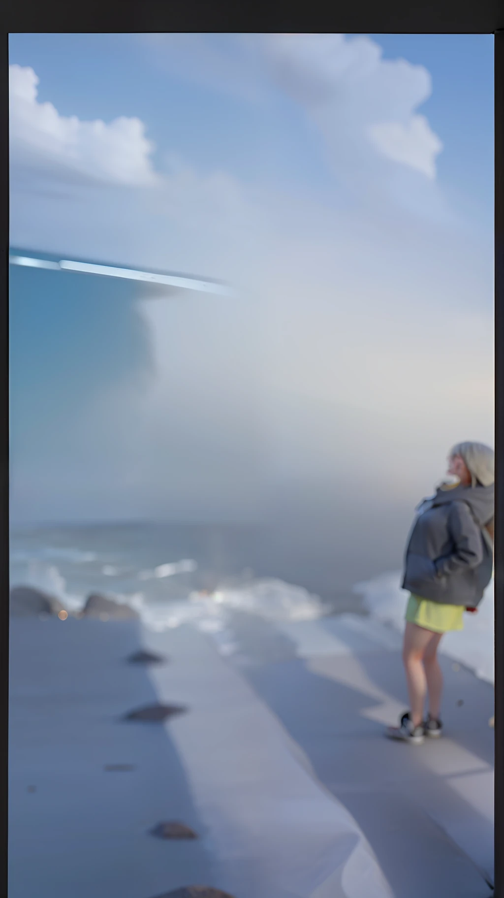 Woman, standing at the beach, ashes blown in her face