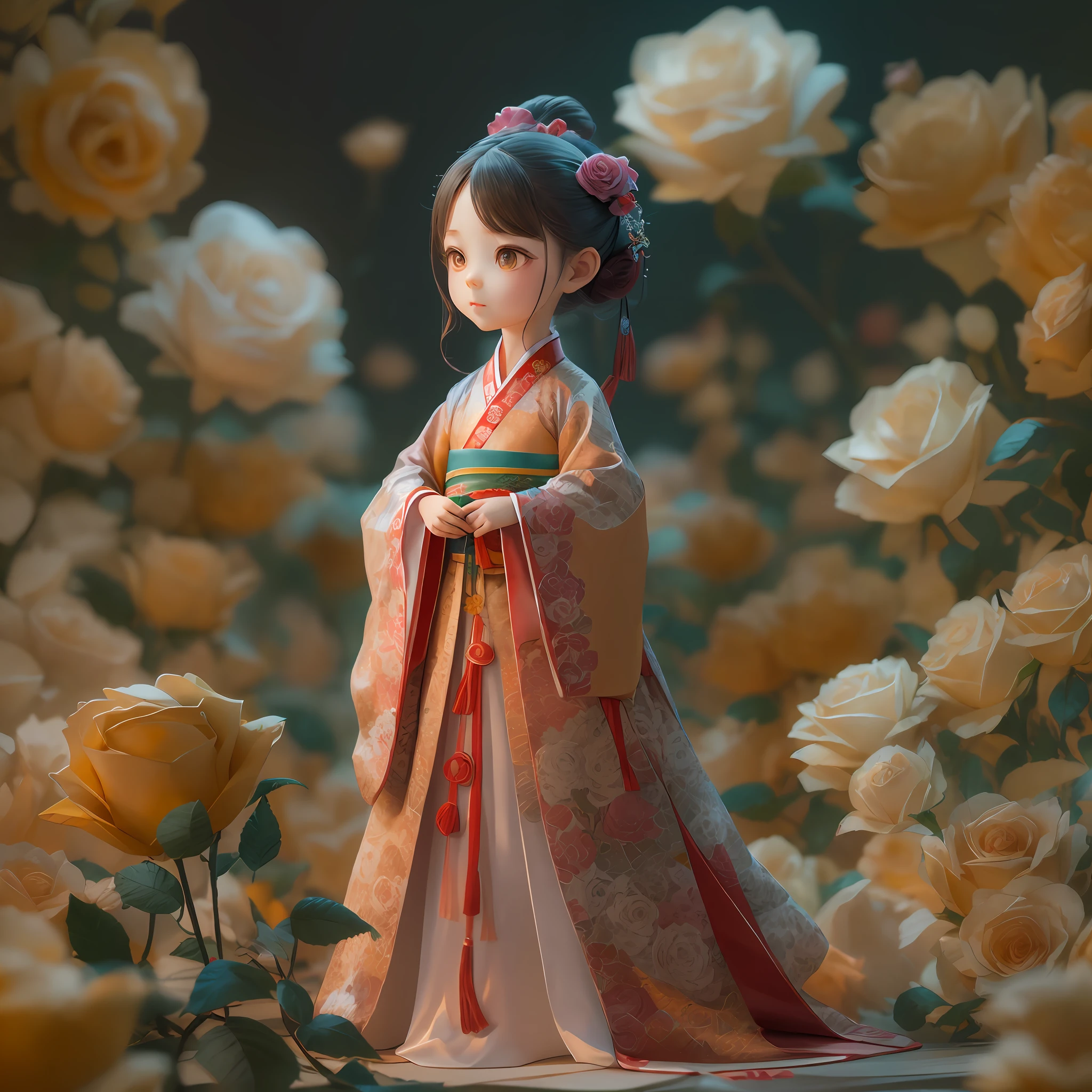 wide shot，full body，（illustration: 1.3), （paper art: 1.4），a 3D render, (cute female :1.3), (Masterpiece rose:1.2)，(Masterpiece Hanfu:1.2) , extremely colorful, Best quality, Detailed details, tmasterpiece, offcial art, movie light effect, 4K, Chiaroscuro ,