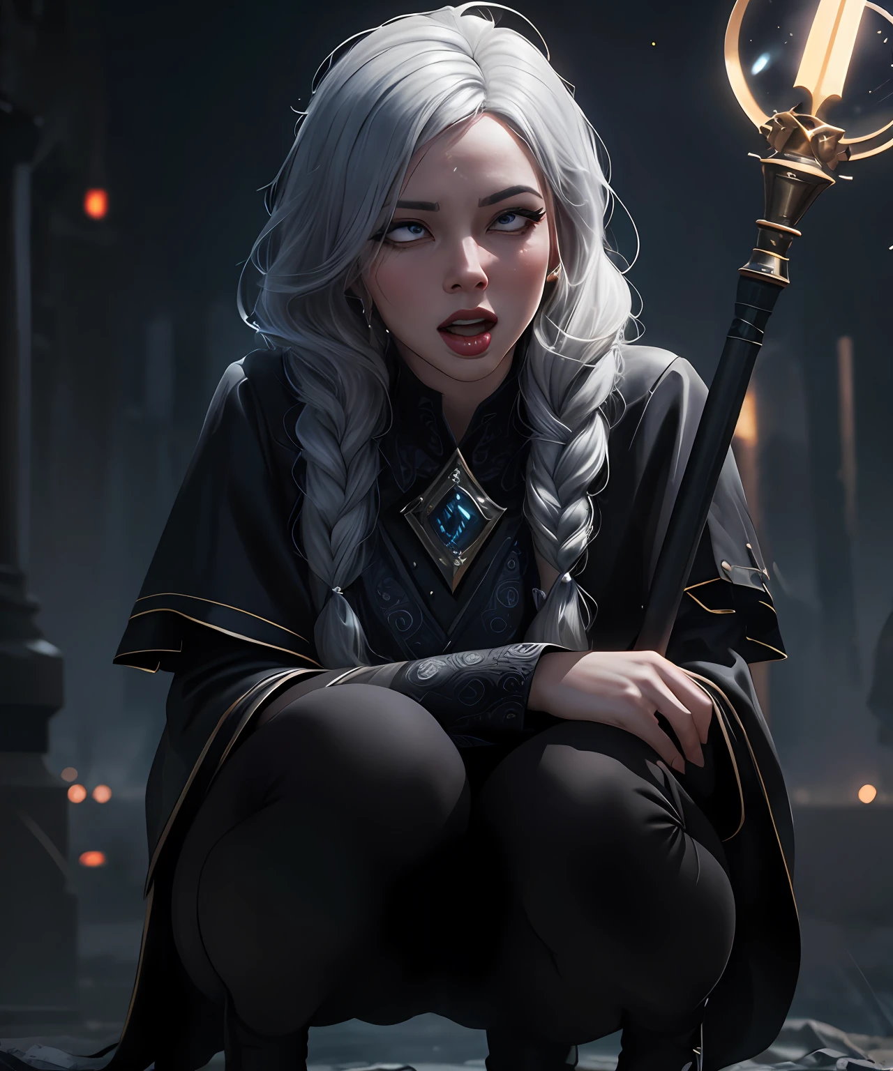 fantasy setting, sharp focus, high quality photo of beautiful nordic mature woman,magician , wearing black clothes with silver tracery, white single braid hair, confident look, rising ((magic staff with shining sphere atop)), glowing runes flying around, jewelry, detailed eyes, low body-fat, cinematic lighting, highly detailed, (matching eyes:1.2), fully body photo, epic pose, night sky background, art by charlie bowater, (Extremely Detailed Oil Painting:1.2), glow effects, godrays, Hand drawn, render, 8k, octane render, cinema 4d, blender, dark, atmospheric 4k ultra detailed, cinematic sensual, Sharp focus, humorous illustration, big depth of field, Masterpiece, colors, 3d octane render, 4k, concept art, trending on artstation, hyperrealistic, Vivid colors, extremely detailed CG unity 8k wallpaper, trending on ArtStation, trending on CGSociety, Intricate, High Detail, dramatic, (ahegao:1.5), squatting, shouting, begging for her life, shocked, trembling