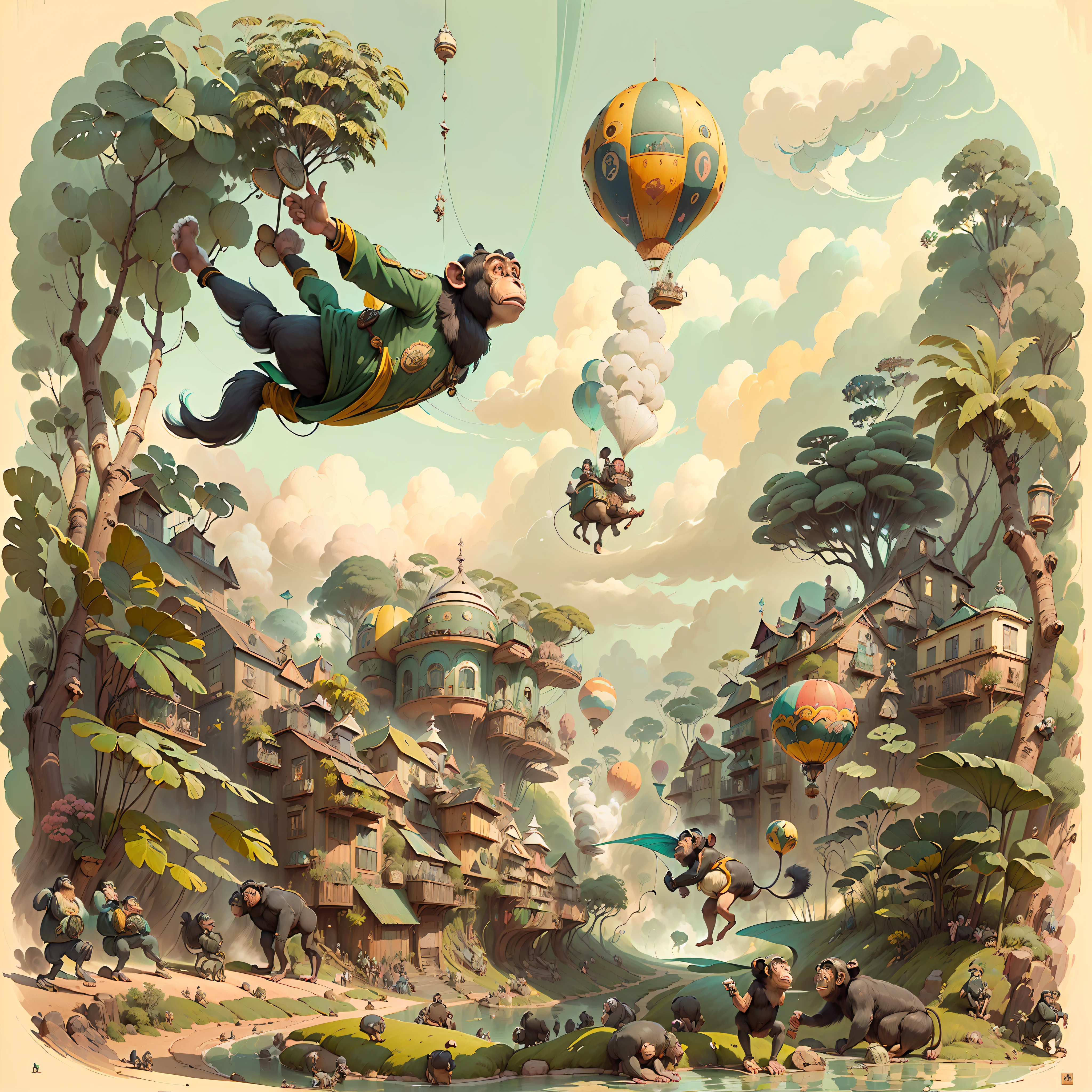 (((melhor qualidade)),, An illustration with a chimpanzee blimp flying over a rainforest (((chimpanzee flying in the sky))), Hot steam balloons, Sky with fluffy clouds,,,((Indian monkeys in the sky)),,,(((macacos trajes indianos))),,, sharp foccus ilustration, finely detailed illustration, inspirado em Charles W. Bartlett, scientific illustration, campo de profundidade, cauda de fluxo longo, full-colour illustration, Adepto de Silvergill, gravura em litografia colorida, por Charles W. Bartlett, an illustration of, jules julien, Tiago Collinson, por Tim Hildebrandt