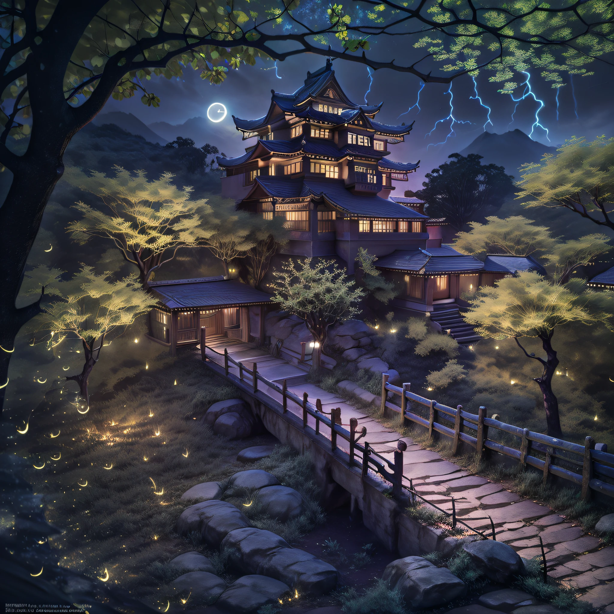 ((diffuse colors)), (( Top view, high angle view, Focal point composition)), Ancient Chinese architecture, cool colors, dark night, moon, garden, bamboo, lake, stone bridge, rockery, arch, corner, tree, running water, landscape, outdoor, waterfall, grass, rock, intense rainfall, thunderstorm, vines all around, giant and wet trees, with glowing leaves in the trees, glowing fireflies and glowing particle effects, a japanese castle at the top of a mountain, masterpiece, best quality, high quality, extremely detailed CG unity 8k wallpaper, oil paiting, award winning photography, Bokeh, Depth of Field, HDR, bloom, ,Photorealistic,extremely detailed, trending on artstation, trending on CGsociety, Intricate, High Detail, dramatic, art by midjourney, volumetric lighting