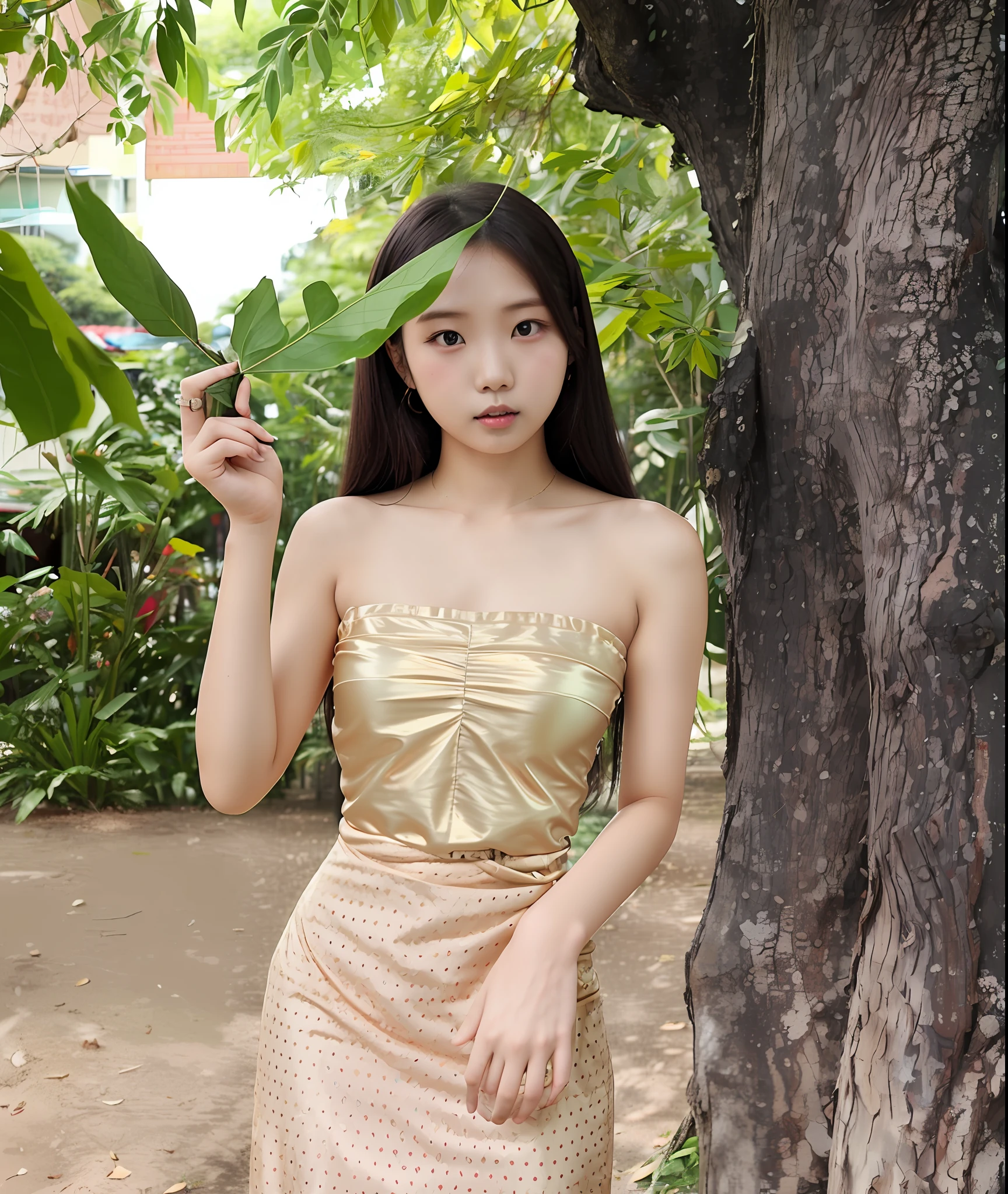 Araki woman in a golden dress holding a leaf in front of a tree, Bandeau Dress, Anime Thai girl, photo of slim girl, height of 165cm, xintong chen, shaxi, A young Asian woman, wenfei ye, nivanh chanthara, 155 cm tall, Beautiful Asian girl, Lovely woman