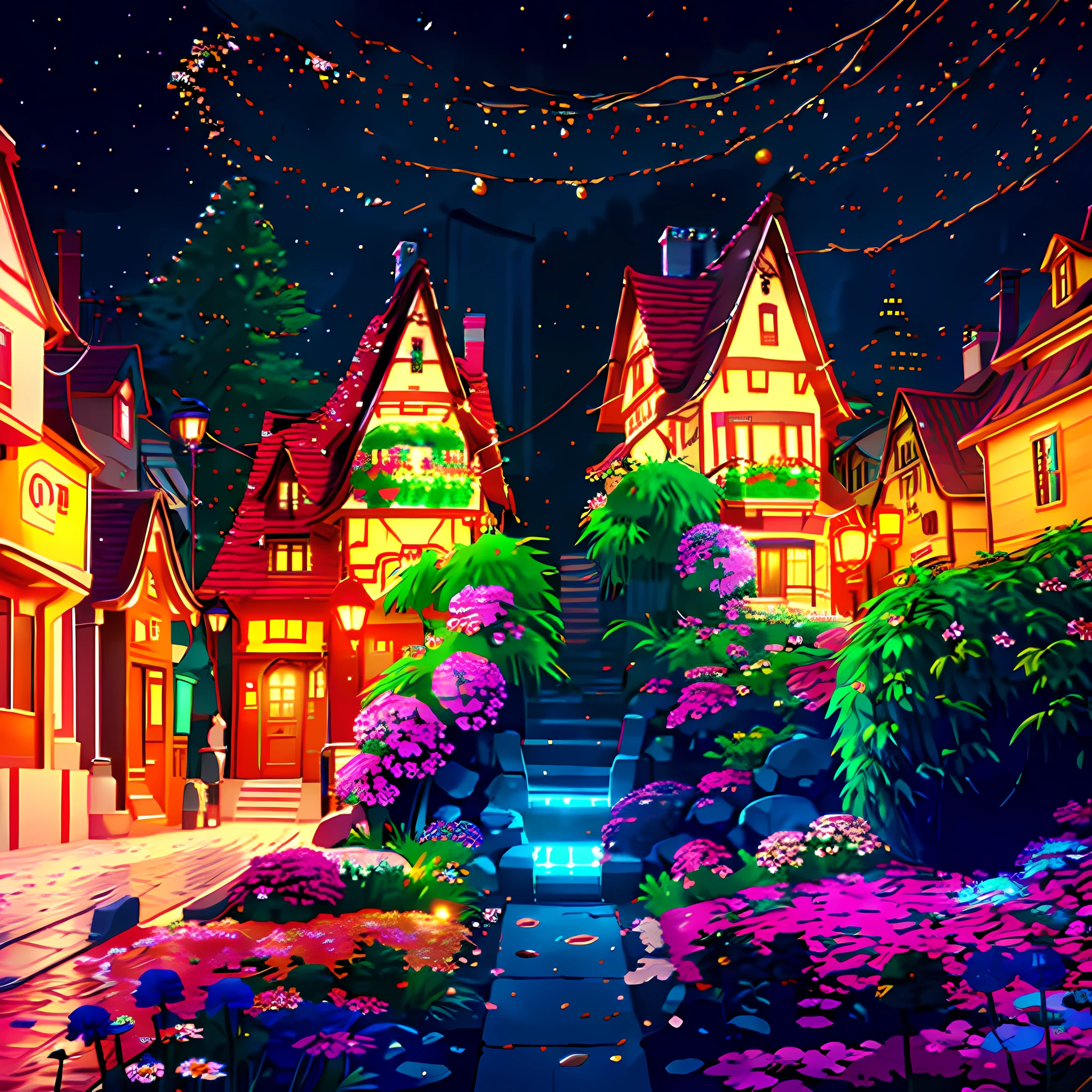 small houses in a city decorated with flowers and lights, small road, crowded, night view, raining, realistic, 4k