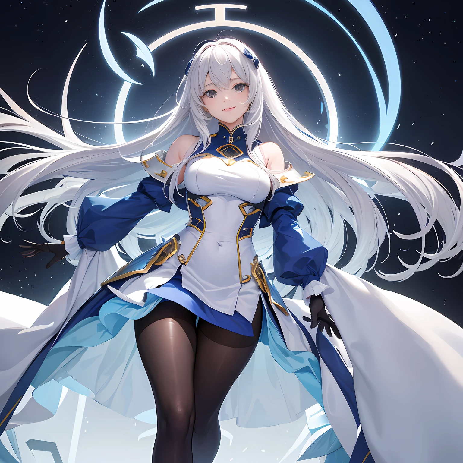 best qualtiy、tmasterpiece、超高分辨率，verism style，cold light，Realistic lighting，RAW photogr，fully body photo，A world of technology and magic，1girll，facing at the camera，Long white hair smiling，delicated face，The body is curvy，Perfect anatomical physique，detail-rich，standing on your feet，Mecha tights，Magic mech，high high quality，Hands are naturally open，Beautiful posture，Magic Tech Mech