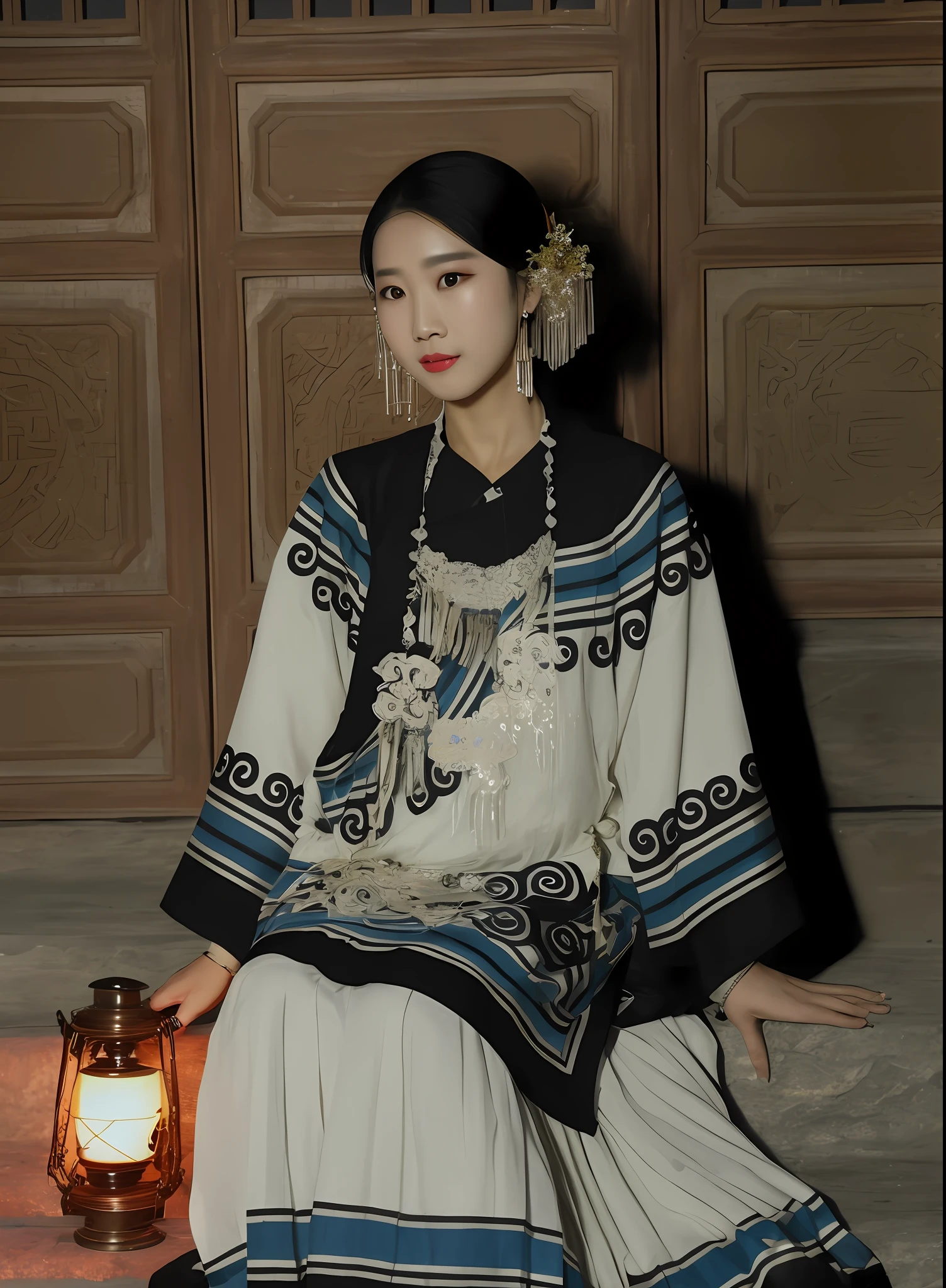 The greedy woman sits on the steps,You have lanterns in front of you, traditional tai costume, traditional garb, Hanfu, Traditional clothing, with acient chinese clothes, Traditional Chinese clothing, White Hanfu, traditionalcostumes, Ancient sword, Palace , A girl in Hanfu, traditionalcostumes, Chinese costume, inspired by Luo Mu, Wearing ancient Chinese clothes