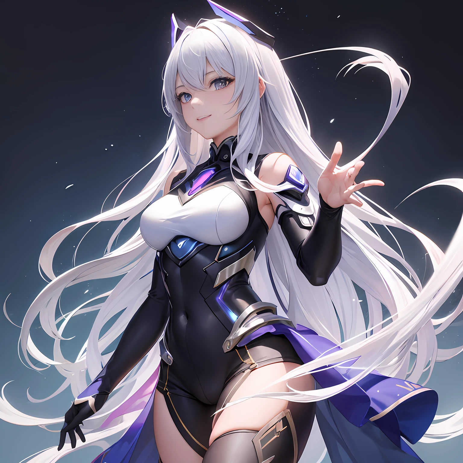 best qualtiy、tmasterpiece、超高分辨率,verism style,cold light,Realistic lighting,RAW photogr,fully body photo,A world of technology and magic,1girll,facing at the camera,Long white hair smiling,delicated face,The body is curvy,Perfect anatomical physique,detail-rich,standing on your feet,Mecha tights,Magic mech,high high quality,Hands are naturally open,Beautiful posture,Magic Tech Mech
