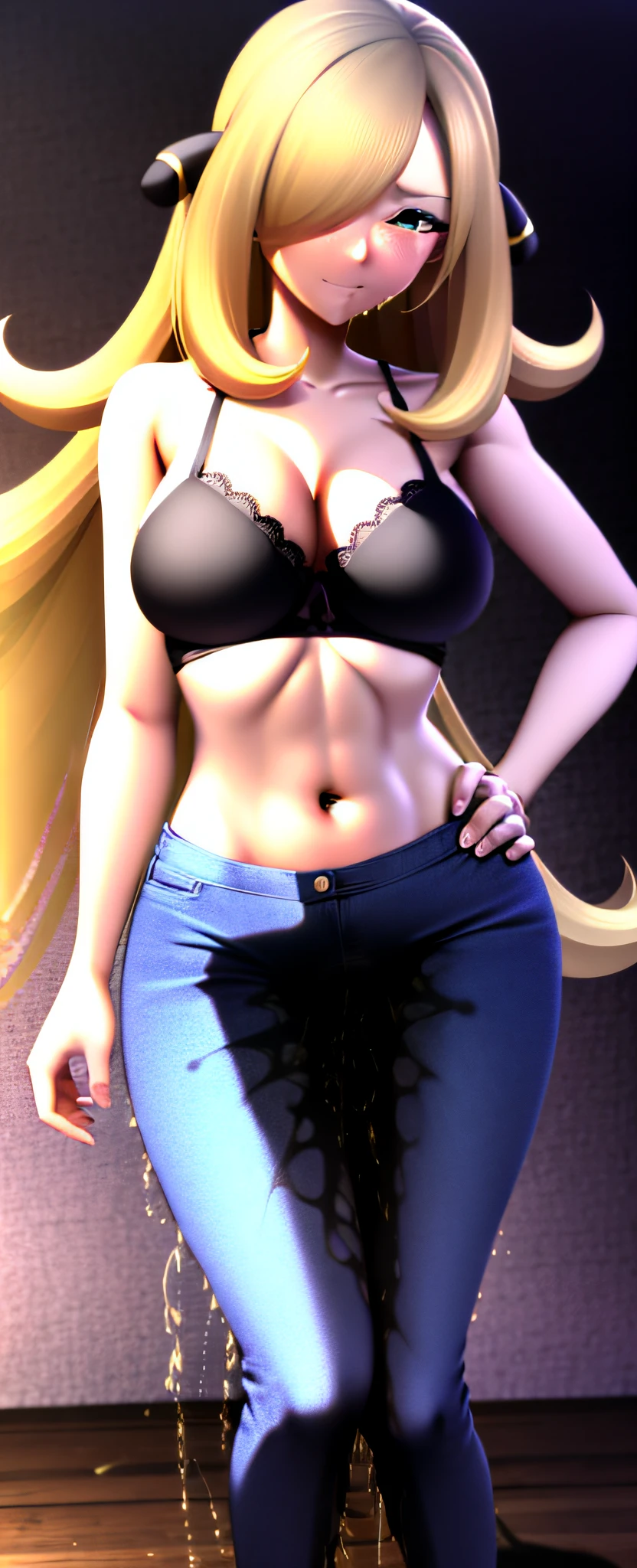 (masterpiece,best quality,high resolution,Beautiful detailed eyes),((blue flared jeans)),white ((bra)),standing,shy posture,barefeet,navel,latrine,looking at viewer,((full body)),((((((pee stain)))))),blush,worried,mouth open,cynthia \(pokemon\),hair over one eye,hair ornament