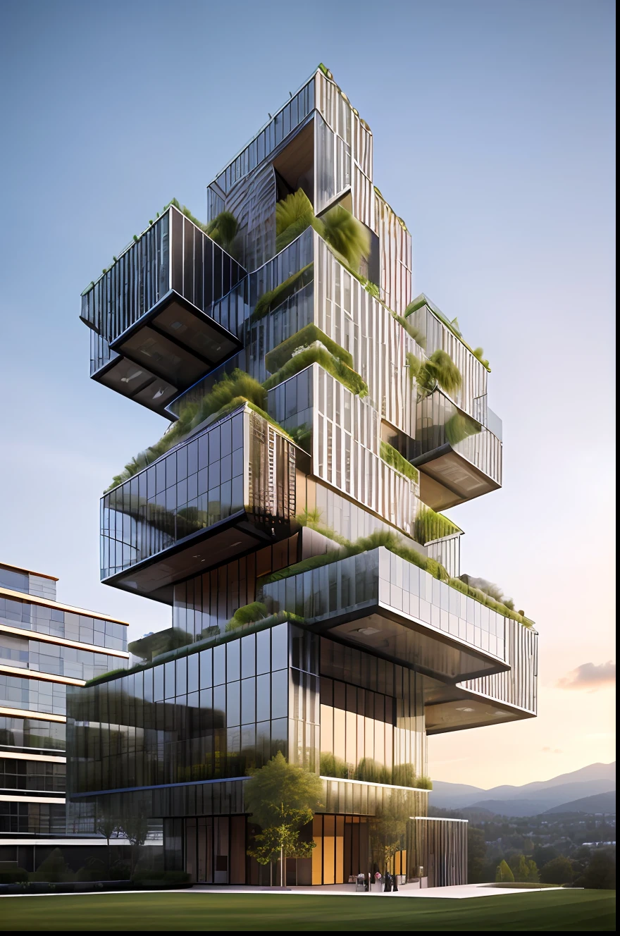((masterpiece, best quality)), 8k, modern architecture style, photo realistic, david chipperfield, hyper detailed photo, single box, a digital 3d render of a building,( stone:1.1), leansflare, mountain, tall building, sunset,((( open poé:1.3)))