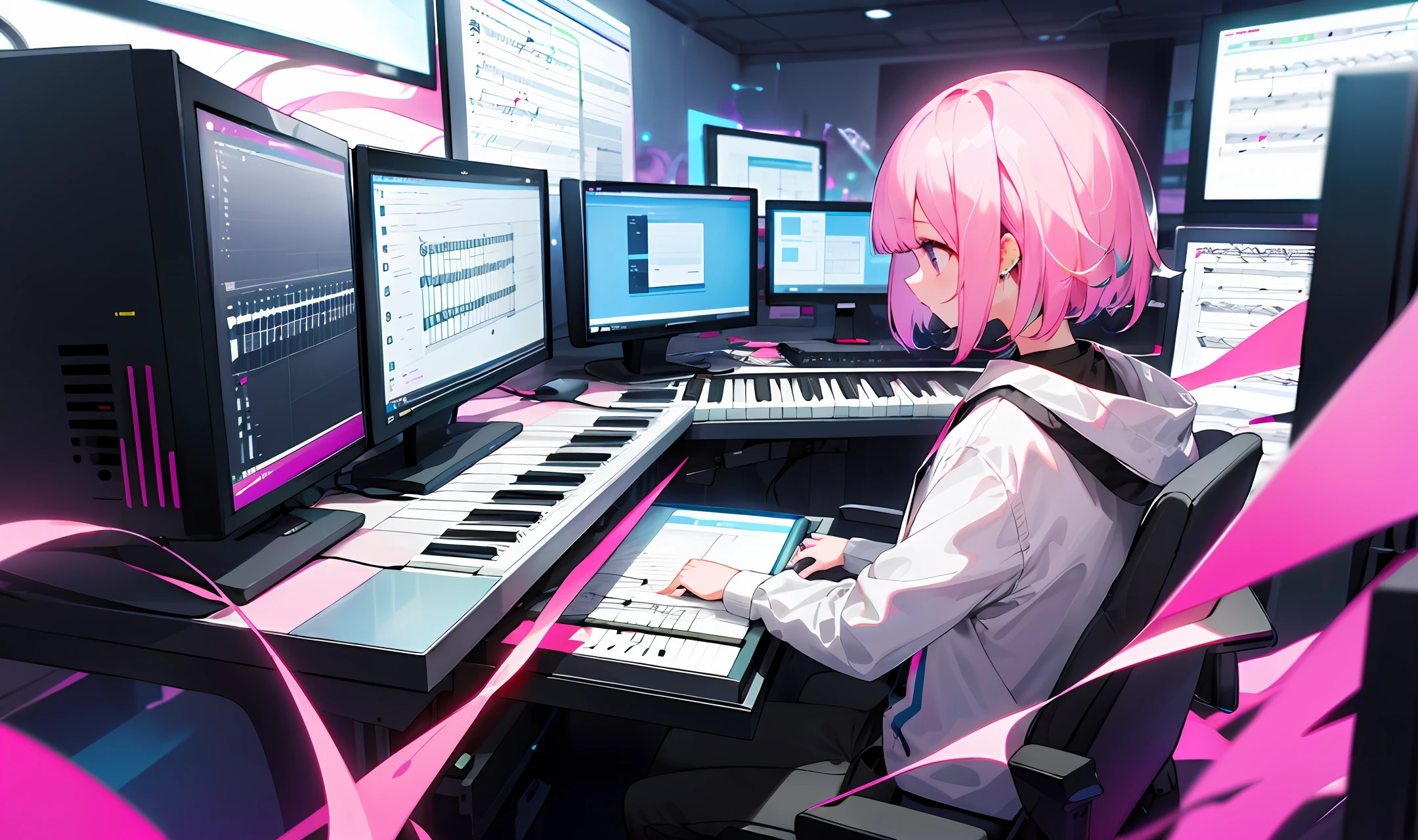 (masterpiece)(top-quality)Composing music、girl with、personal computers、Half white and half pink hair