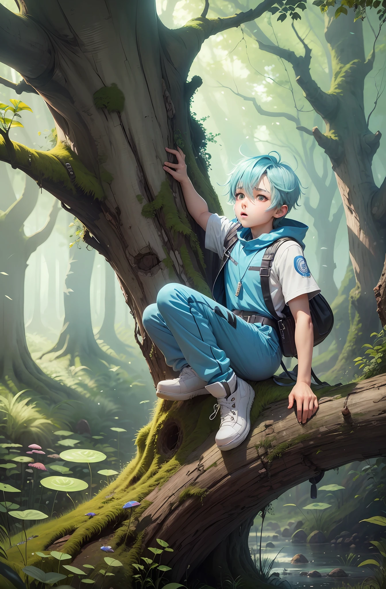 An anime boy in a magical forest, he jump on a big glowing magical mushroom, there are big glowing trees, he has blue hairs, white light eyes, rosy cheeks, he wears blue jumpsuit, there are big grasses --auto --s2