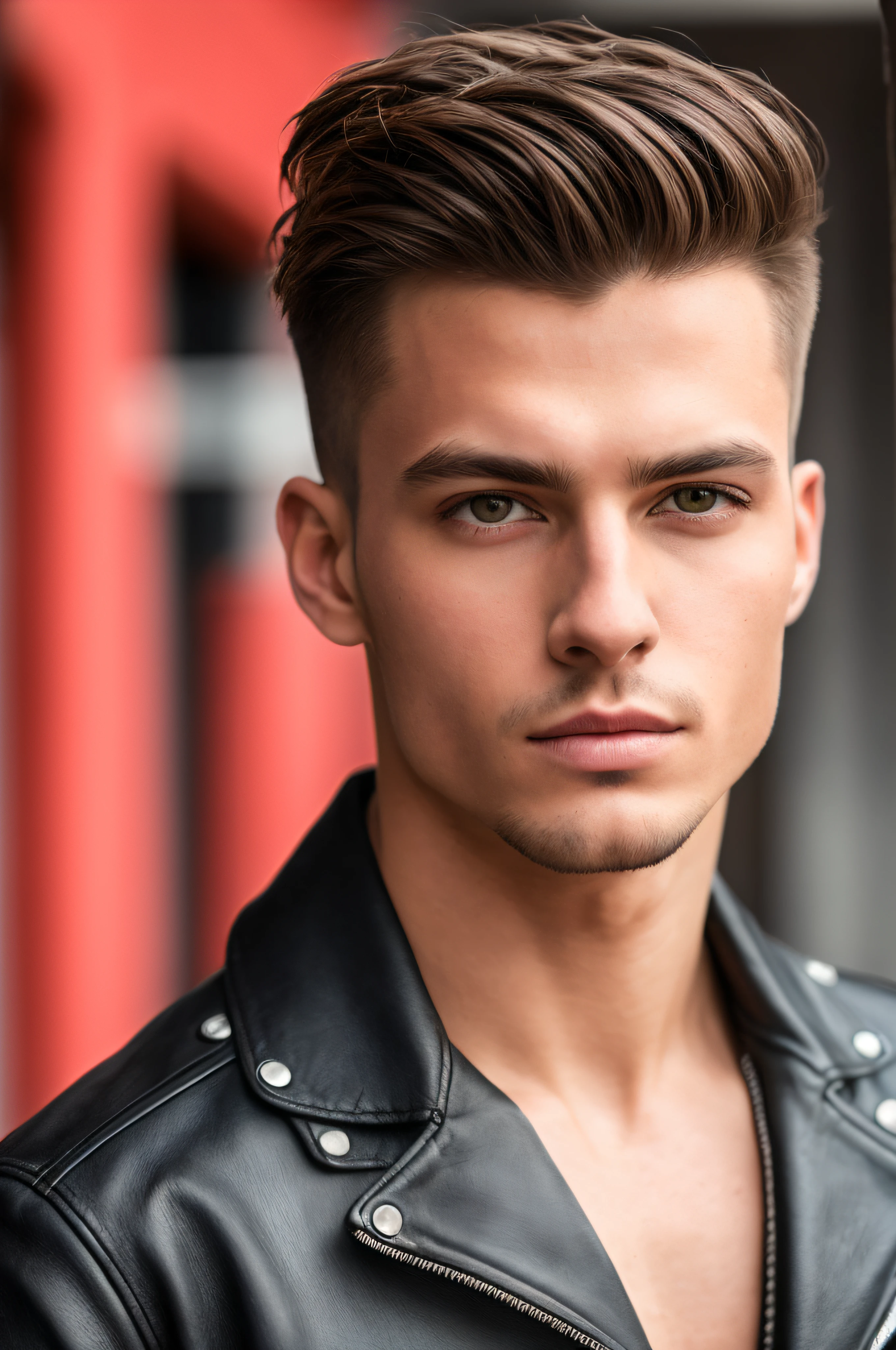 Masterpiece, an insanely handsome young east european male fitness model wearing in biker clothes, masculine, tall, strong, , standing at a fashion show, well endowed, (high detail:1 1), rough face, natural skin, high quality, beautiful eyes, (detailed face and eyes), (face: 1 2), noise, extra, real photo, PSD, lamp film photography, sharp focus, contrast lighting, detailed skin, high resolution 8k, crazy detail, realistic, professional photography, 8k UHD, SLR camera, soft lighting, high quality, film grain, Fujifilm XT3