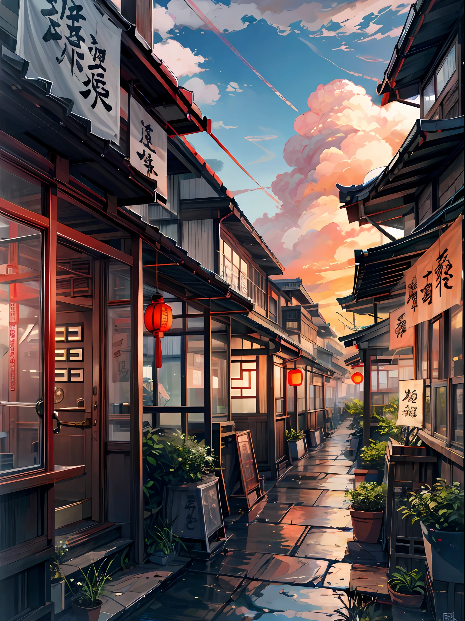 Ancient china, city, mountain, shrine, pagoda, waterfall,mesmerizing view,calm, cloud ,houses ,digital painting, sunset,wind up,concept art, illustration,