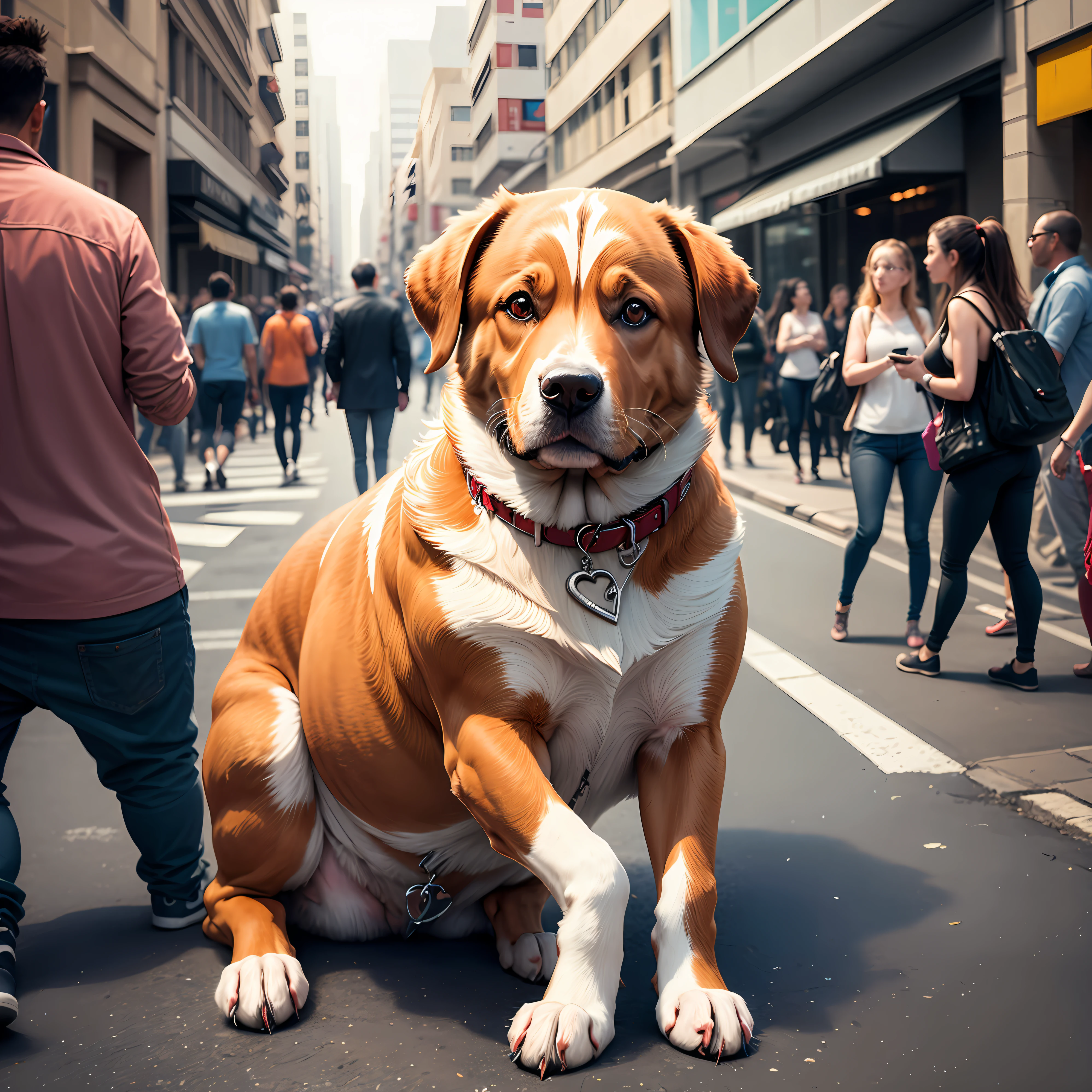 A dog in the modern street full of people --auto