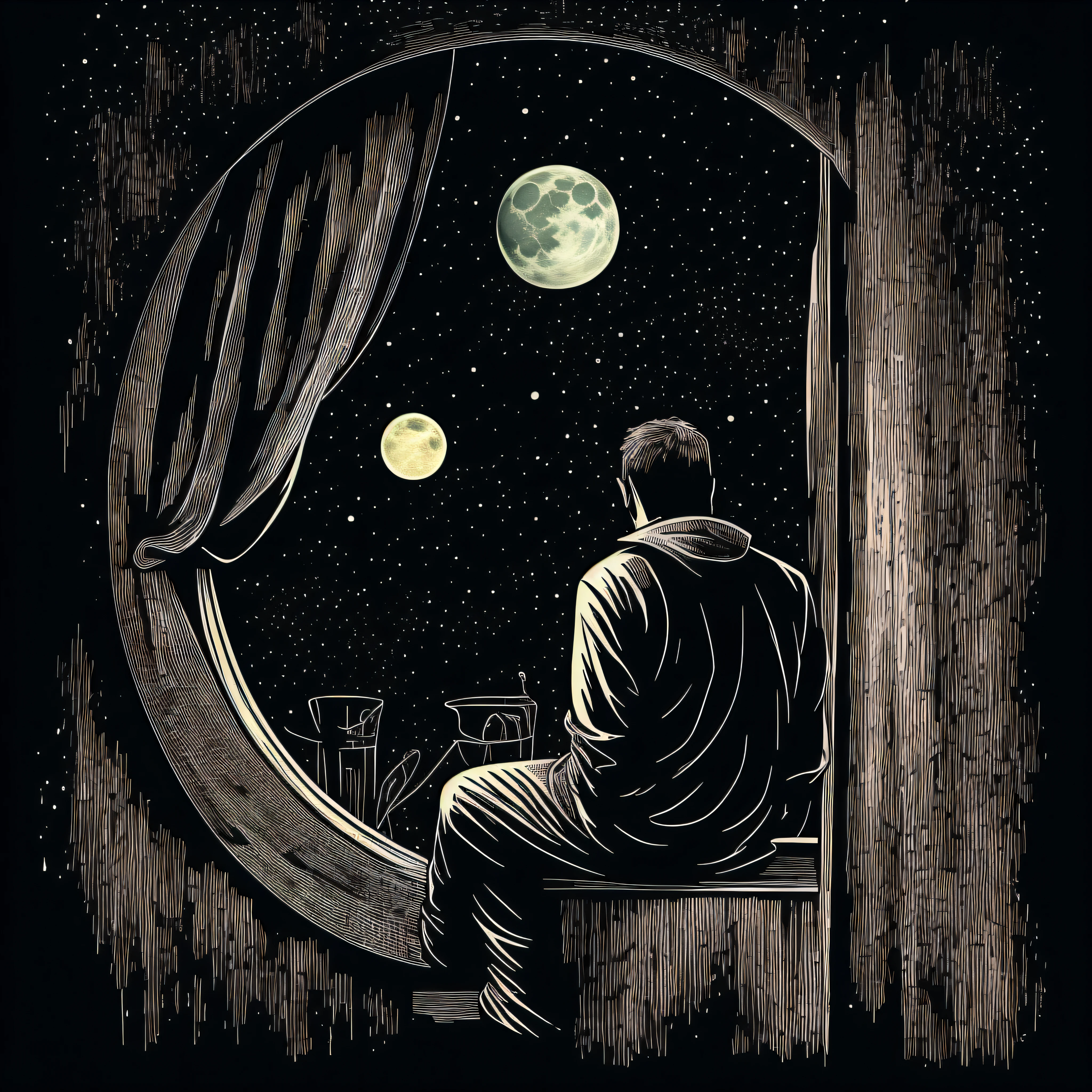 man looking at the moon from his room, print for t-shirt, round art, black background