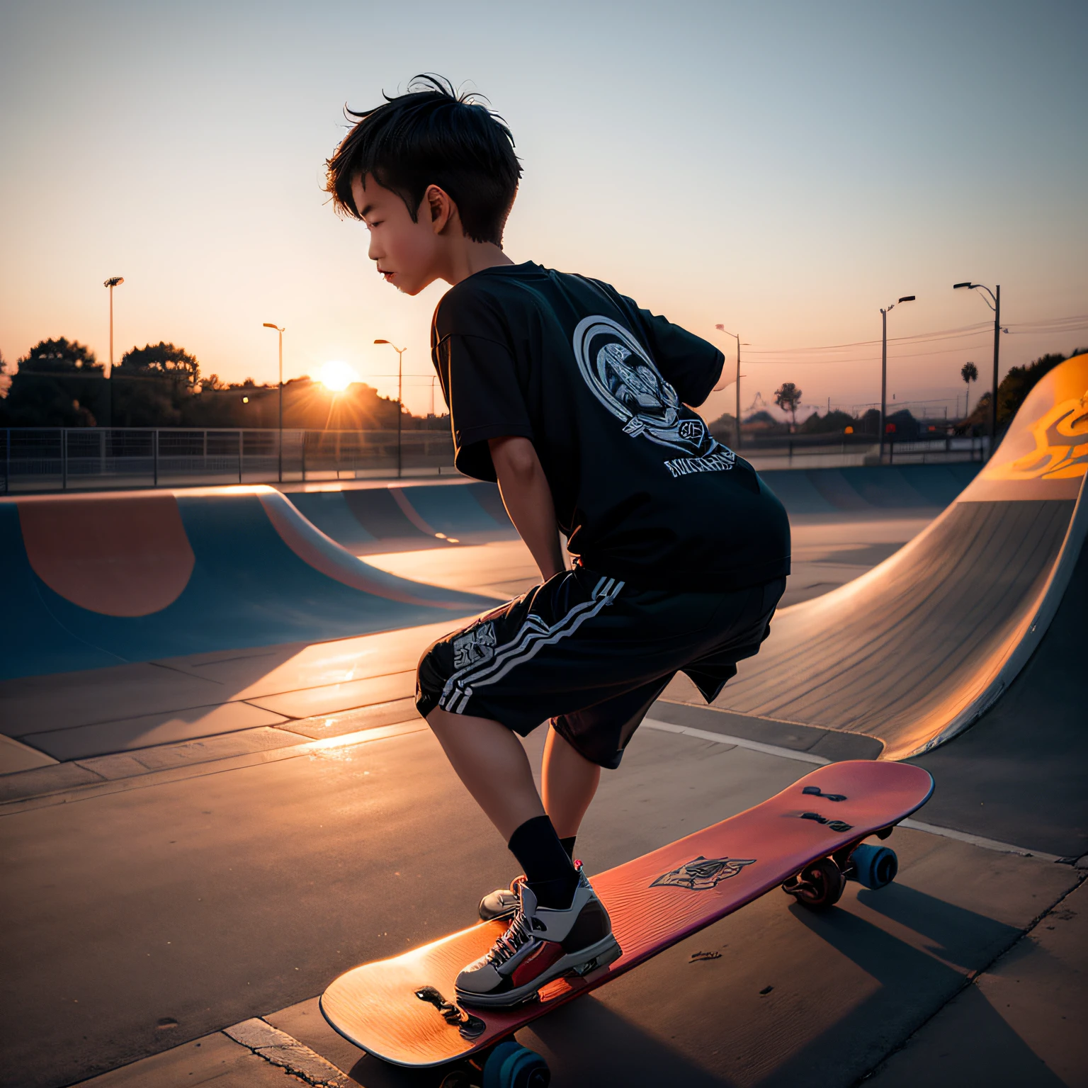 at a skate park,A boy skateboarding,9 years old,夏天,the setting sun --auto